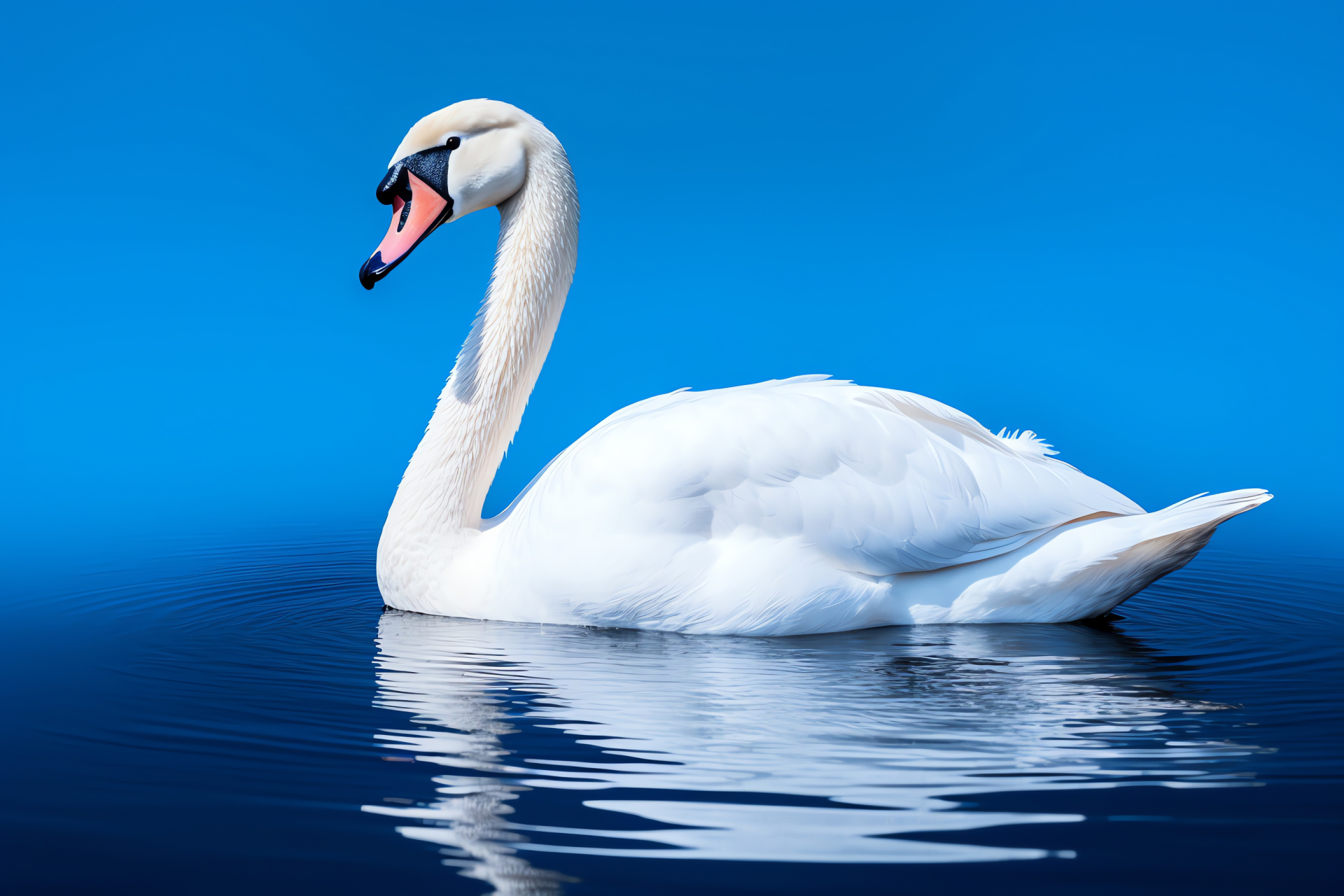 Swan repose serenity, Lake tranquil beauty, Water mild ripple effect, Sky complexion reflection, Pure azure backdrop, HD Desktop Image