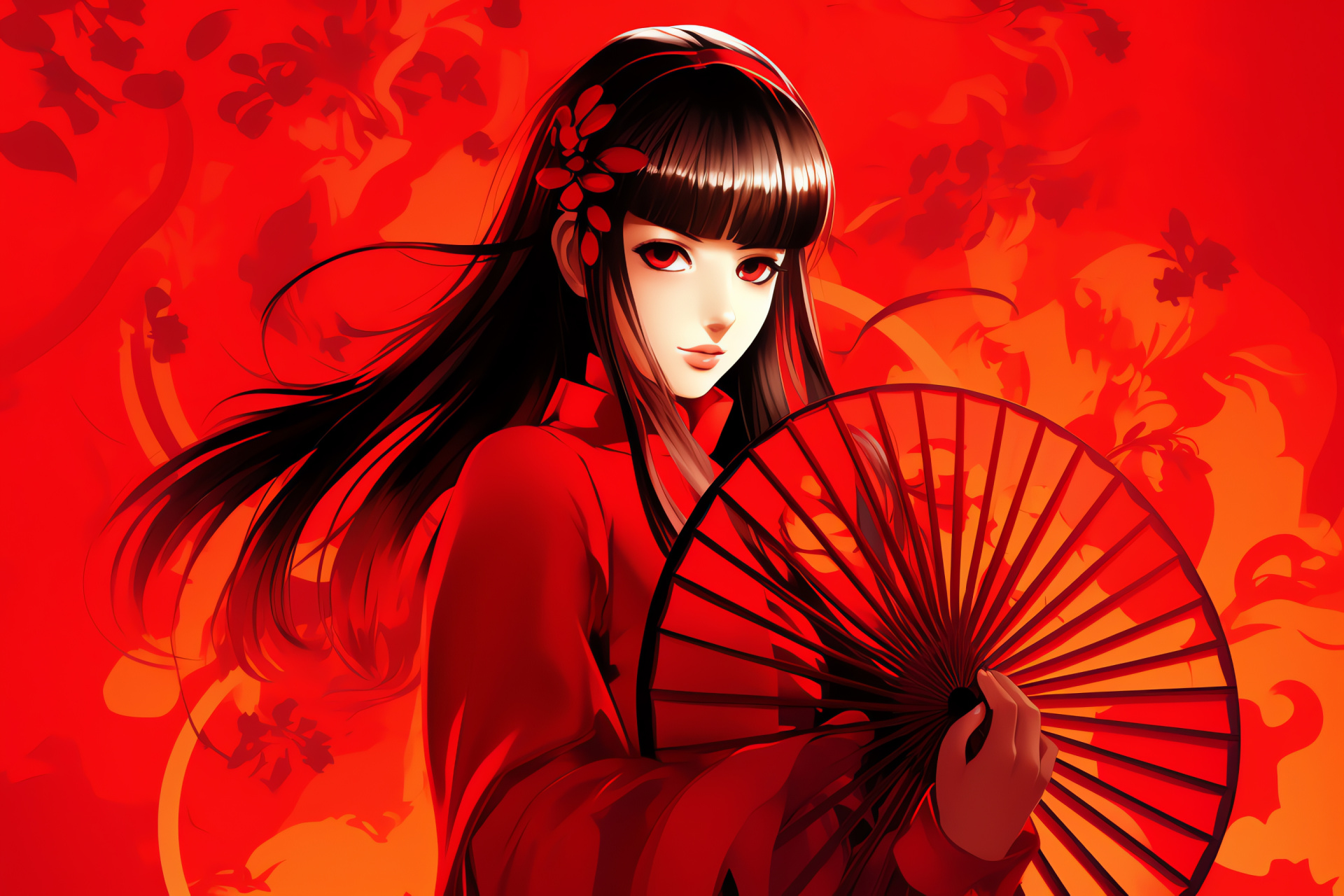 Yukiko Amagi portrayal, Persona 4 HD graphic, Ebony tresses, Crimson element, Tender expression, HD Desktop Wallpaper