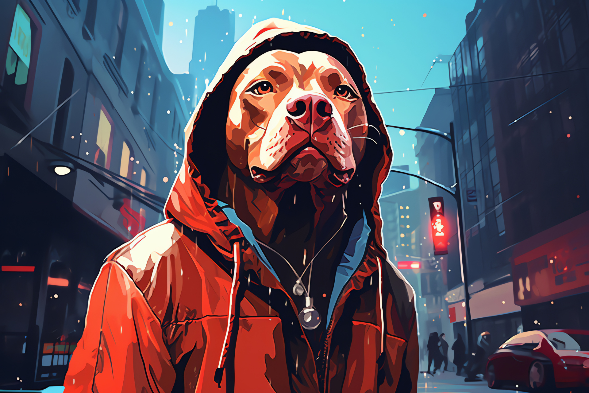 Red Nose Pitbull, glistening auburn coat, hunter green eyes, assertive city life, metropolitan atmosphere, HD Desktop Image