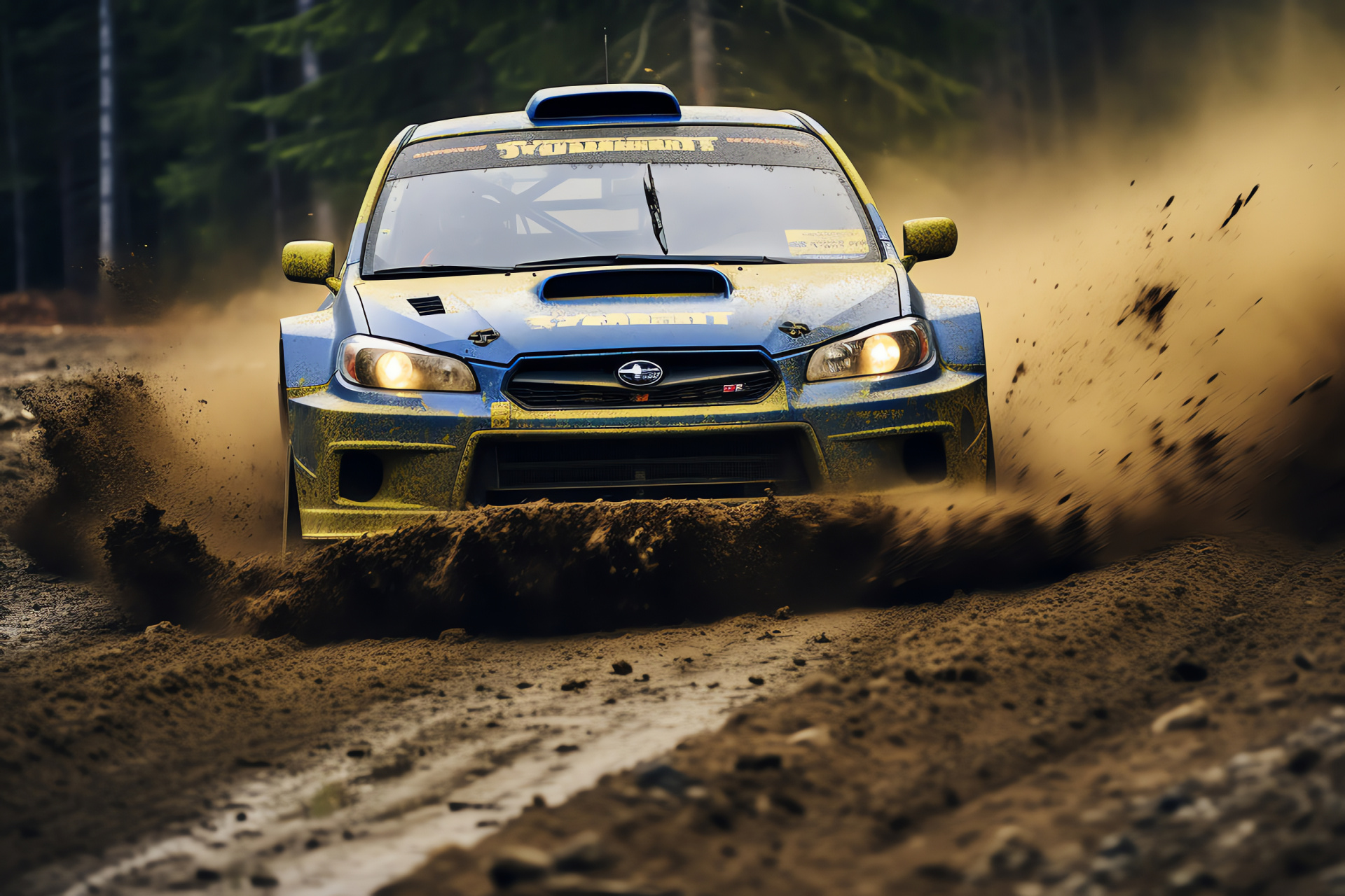 Subaru WRX in rally, off-road track, sporting aggressive features, rally light setup, dust-adorned exterior, HD Desktop Wallpaper