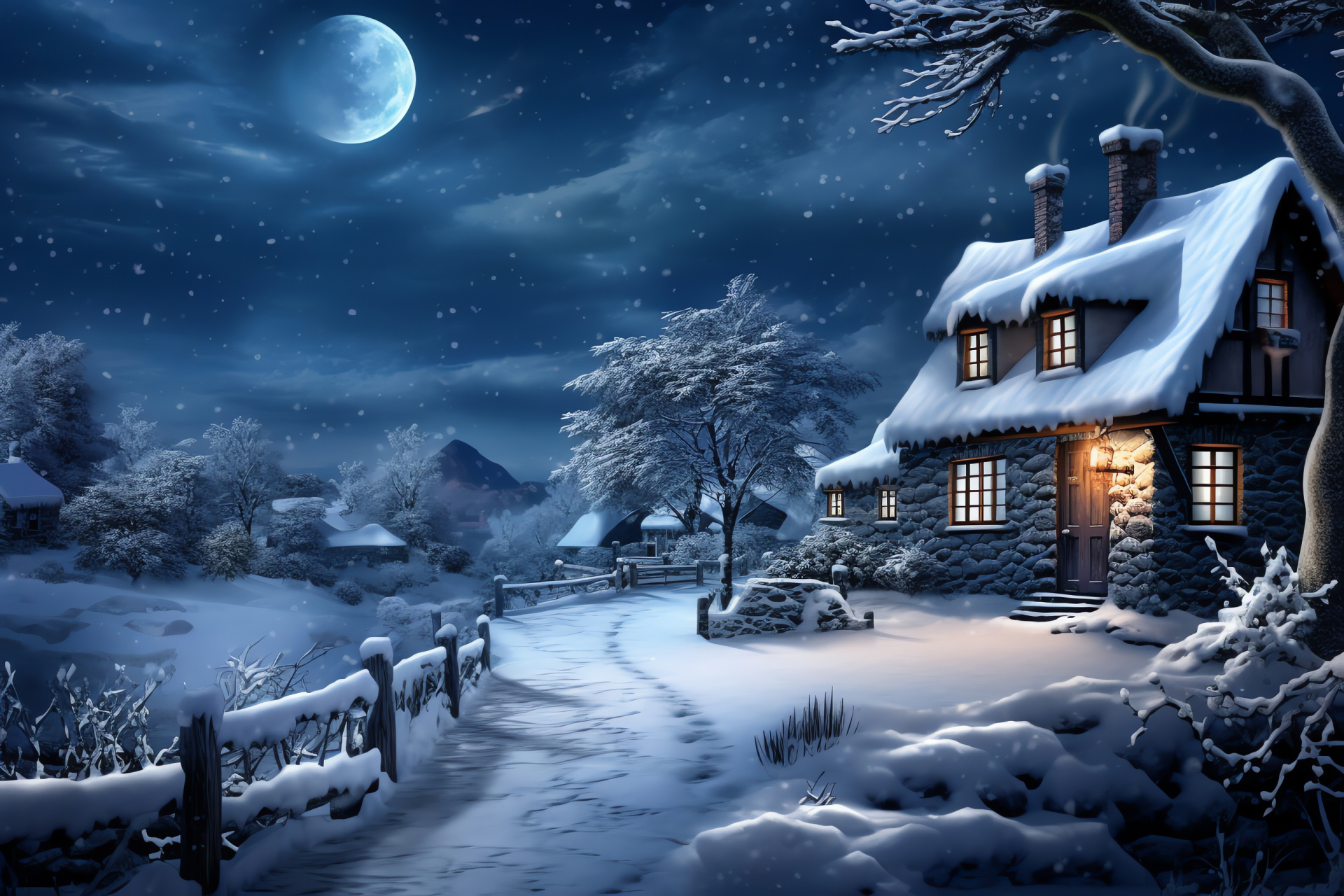 Yule celebration, Seasonal festivity, Winter landscape, Natural satellite illumination, Snow cover, HD Desktop Image