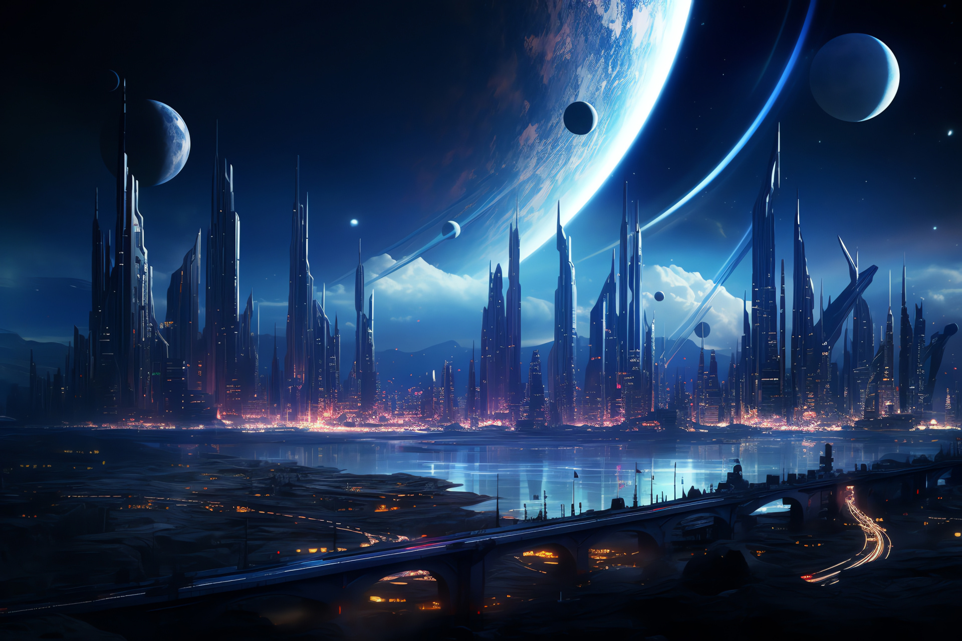 Space extension, Moon over city, Architectural future, Urban luminescence, Neon space gleam, HD Desktop Image