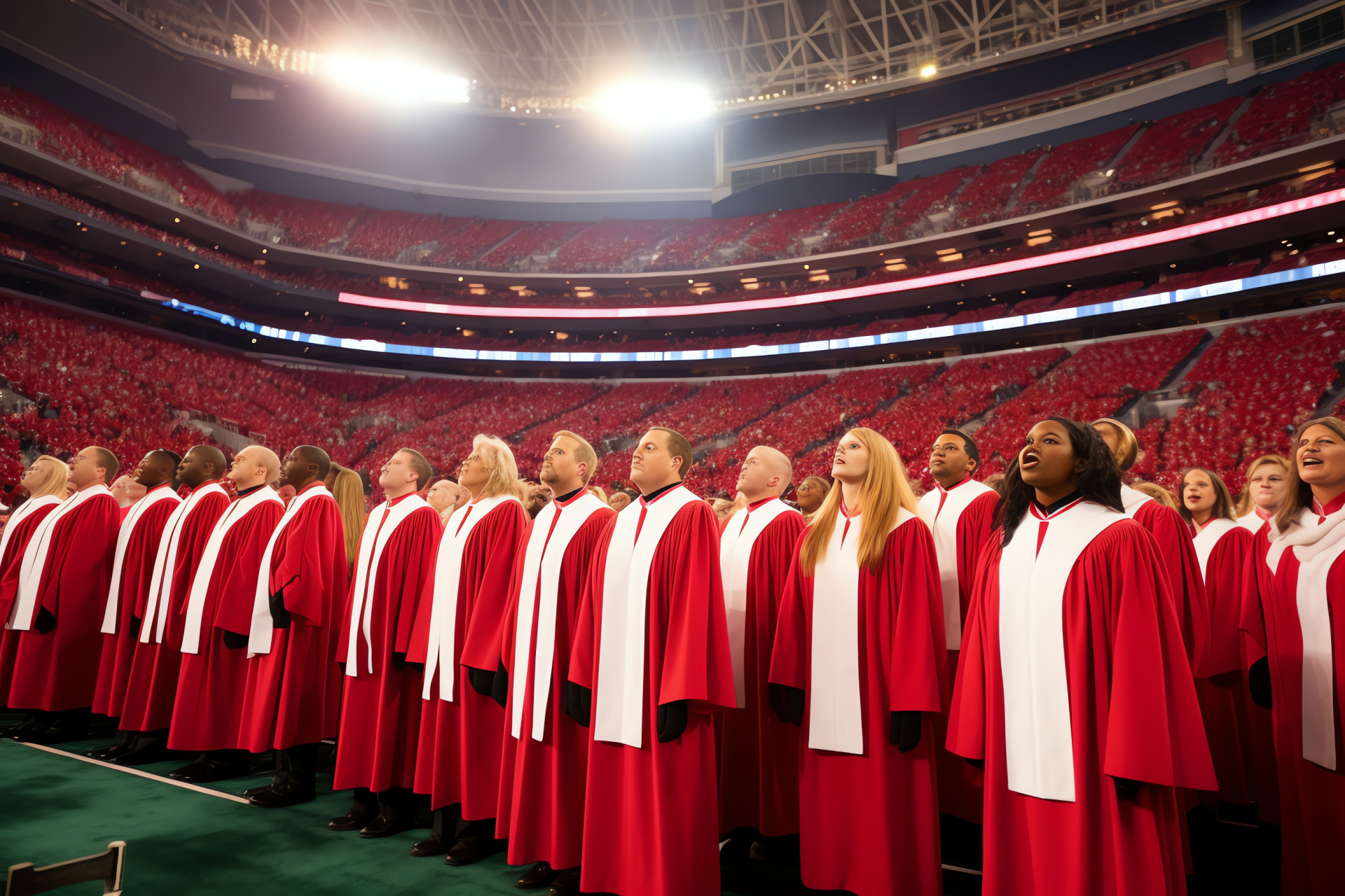 NFL seasonal celebration, Sports venue, Choir performance, American football, Decorative additions, HD Desktop Image