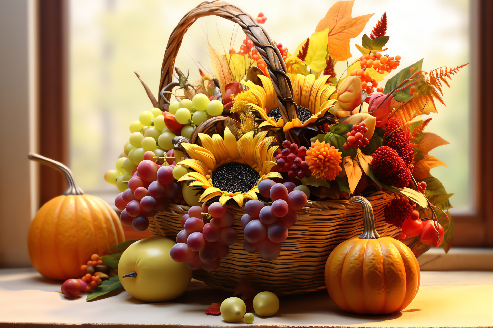 Thanksgiving, 3D, innovative visuals, harvest horn, assorted fruitage, HD Desktop Image