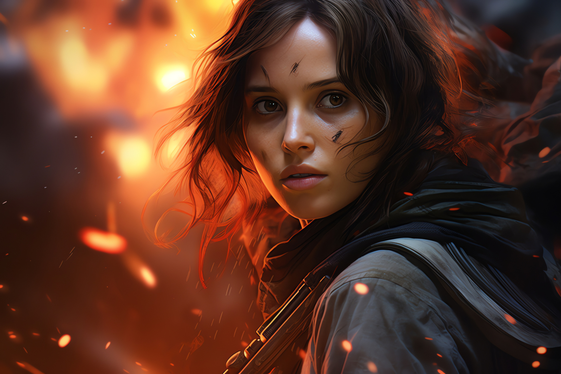 Jyn Erso combat, Scarif clash, Rogue One story, Enemy troopers, Heroic standoff, HD Desktop Wallpaper