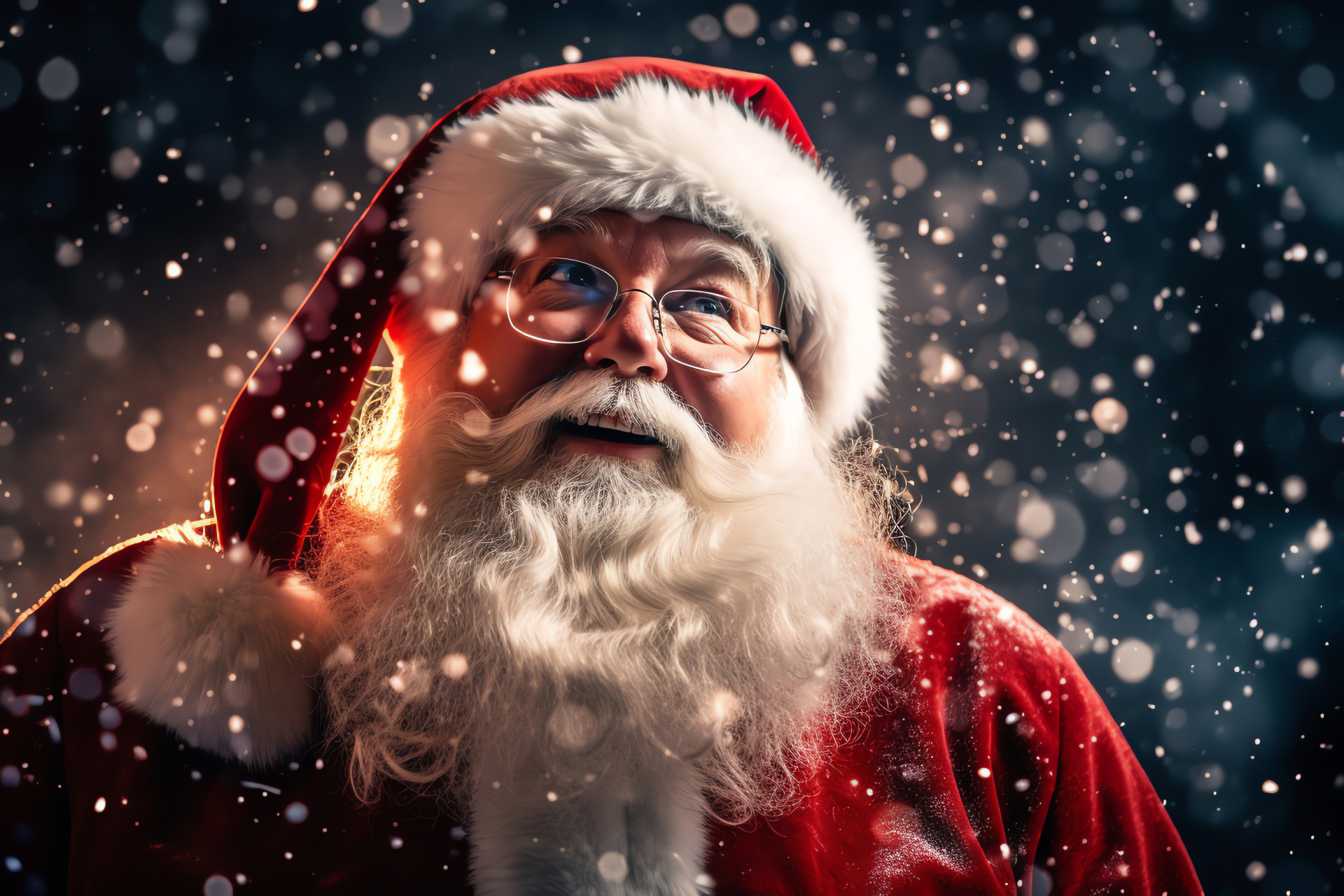 Santa Claus, Christmas Eve journey, Celestial night, Festive costume, Mythical figure, HD Desktop Image