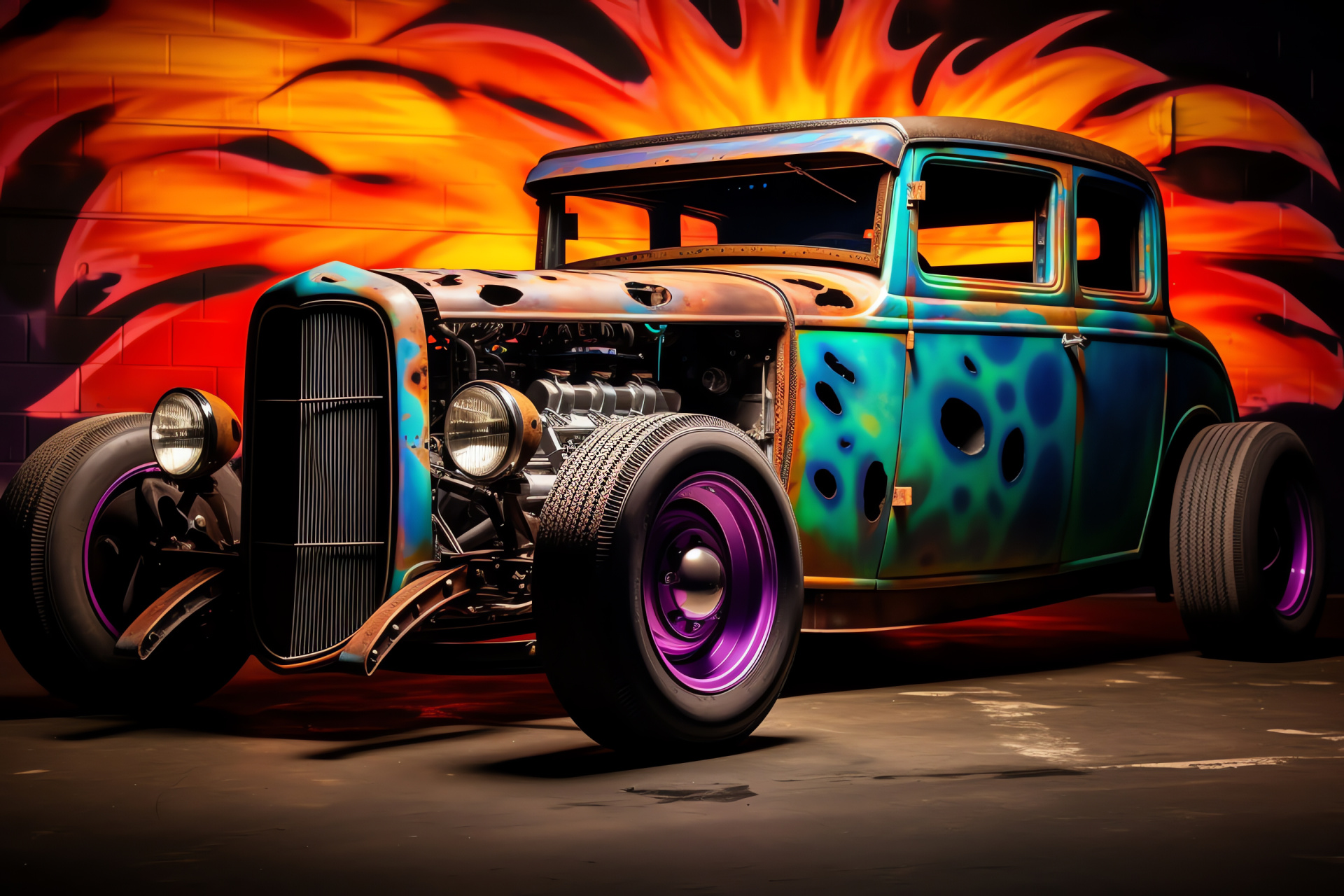 Rat Rod, Weathered vehicle aesthetic, Neon lighting detail, Rustic charm, Custom automotive culture, HD Desktop Image