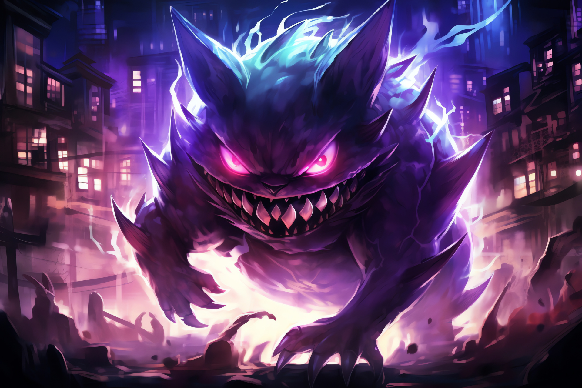 Mega Gengar event, Urban backdrop, Dark form in shade, Grinning menace, City light ambiance, HD Desktop Image