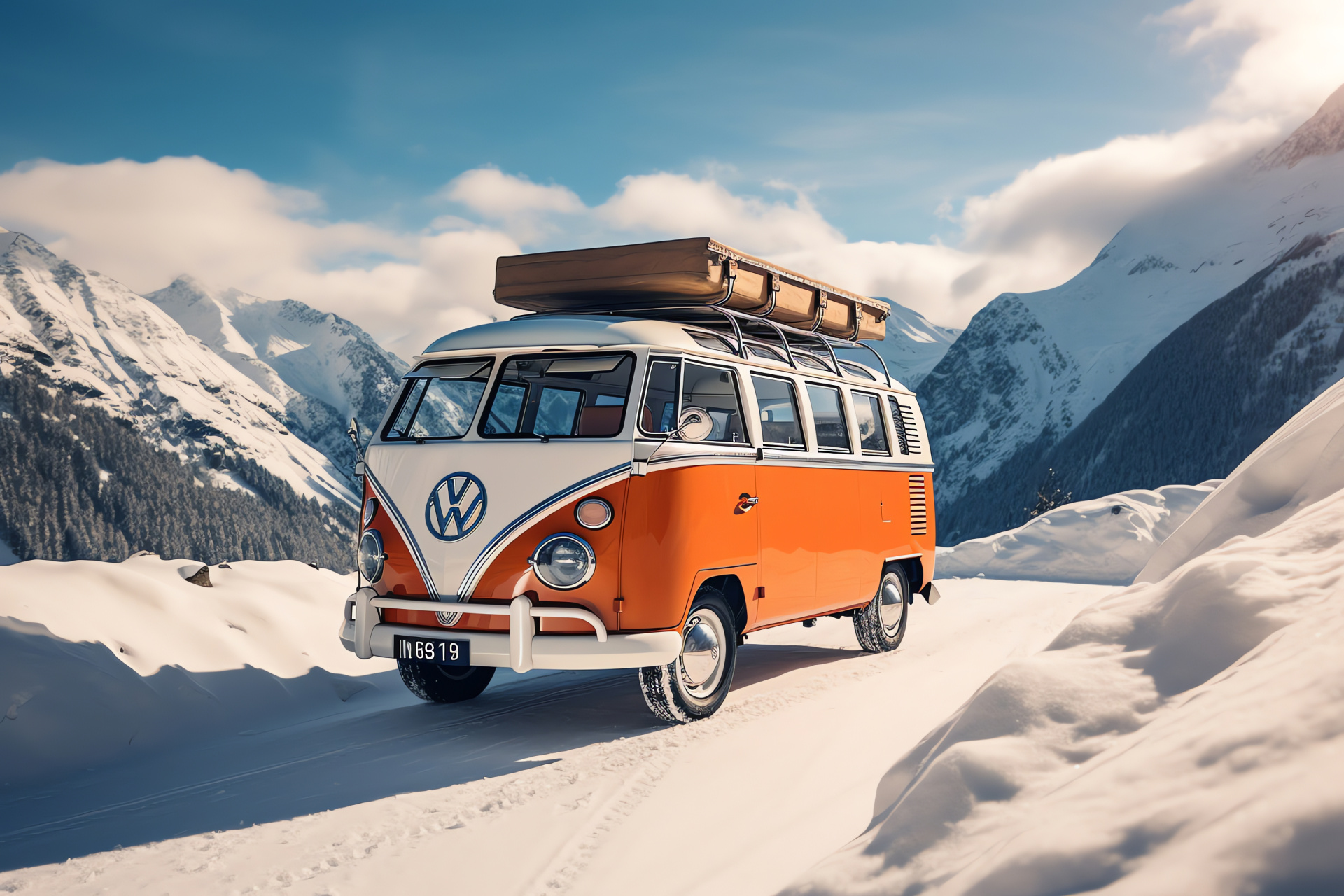VW Bus in Swiss Alps, winter equipment, chilled alpine environment, high-altitude journey, rustic accommodation warmth, HD Desktop Image