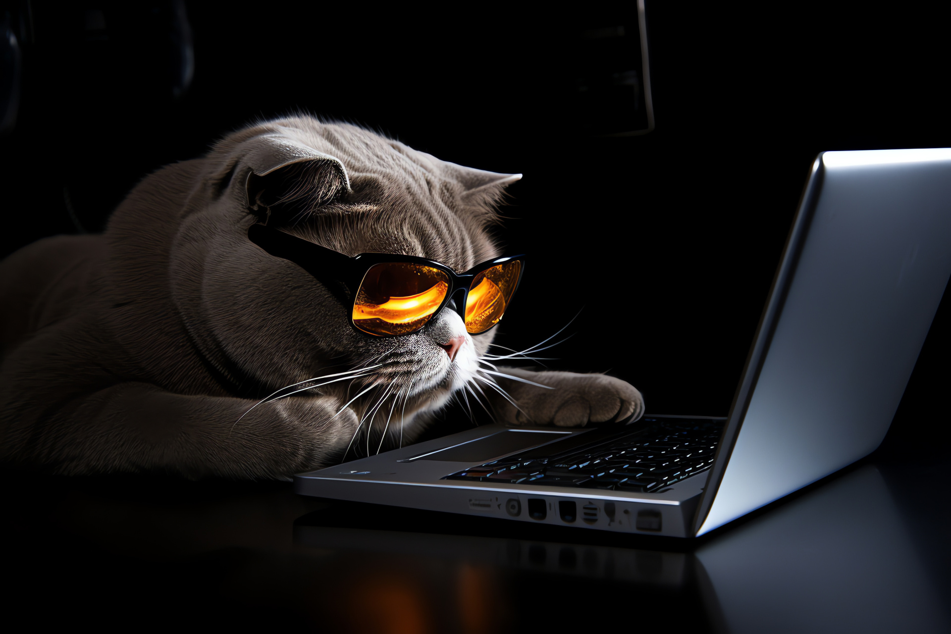 Reading Cats Computer, Scottish Fold breed, Amber-eyed cat, Sleek furniture, Full black background, HD Desktop Wallpaper