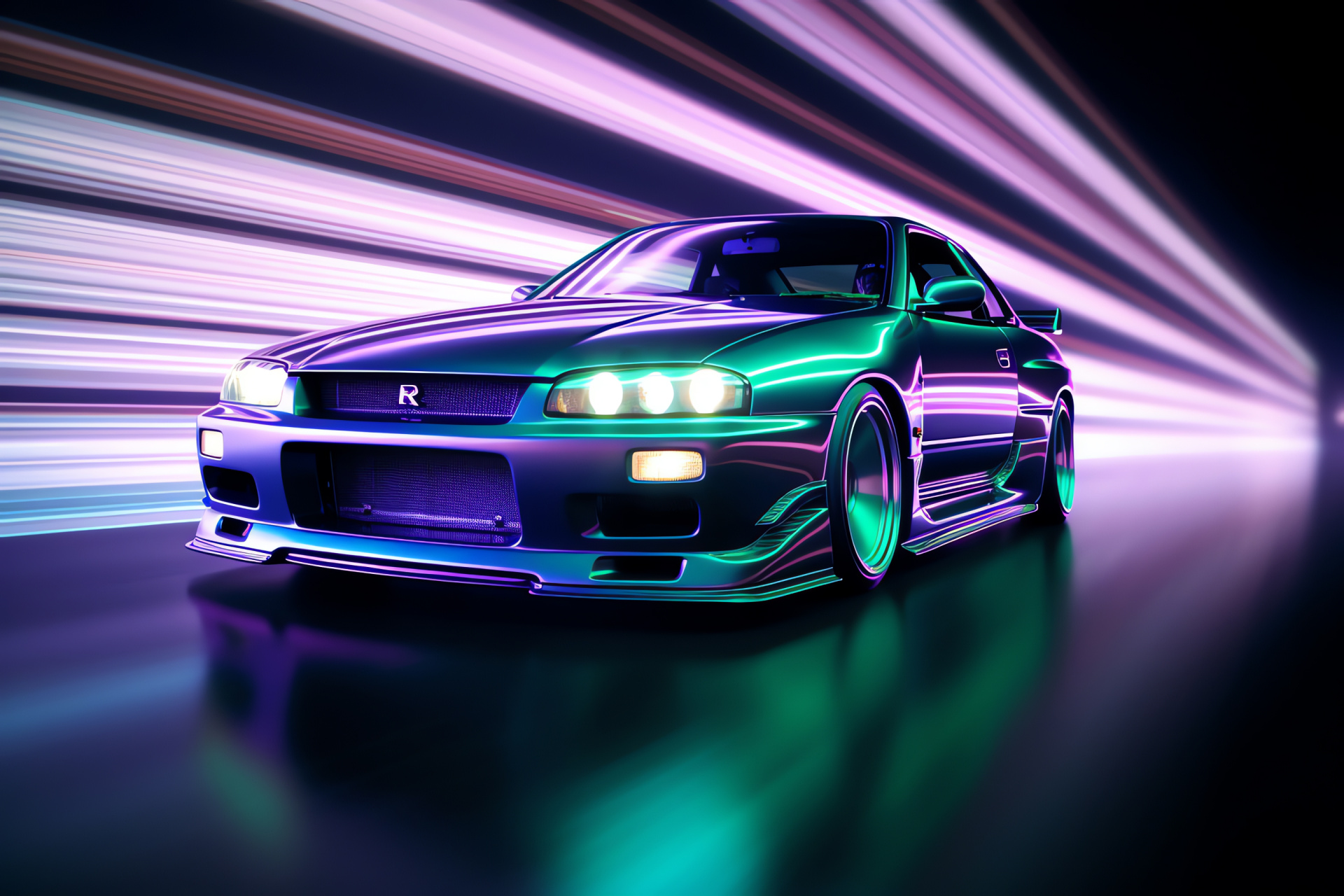 Nissan Skyline GTR R33, vibrant backdrop, neon spectrum, futuristic aesthetic, glowing ambiance, HD Desktop Wallpaper