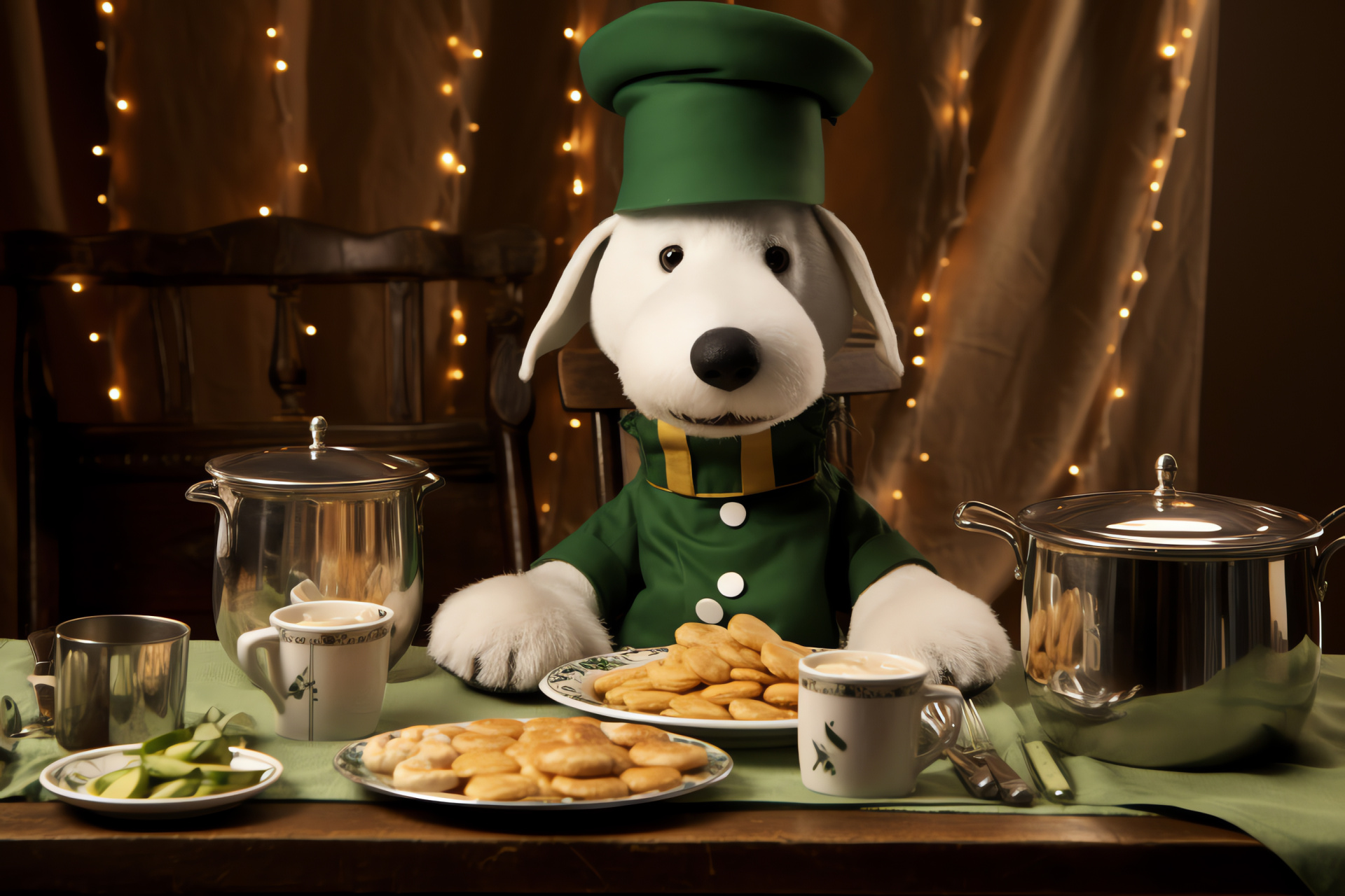 Irish celebration Snoopy, green leprechaun costume, St. Patrick's festivities, traditional Irish meal, Celtic decorations, HD Desktop Image