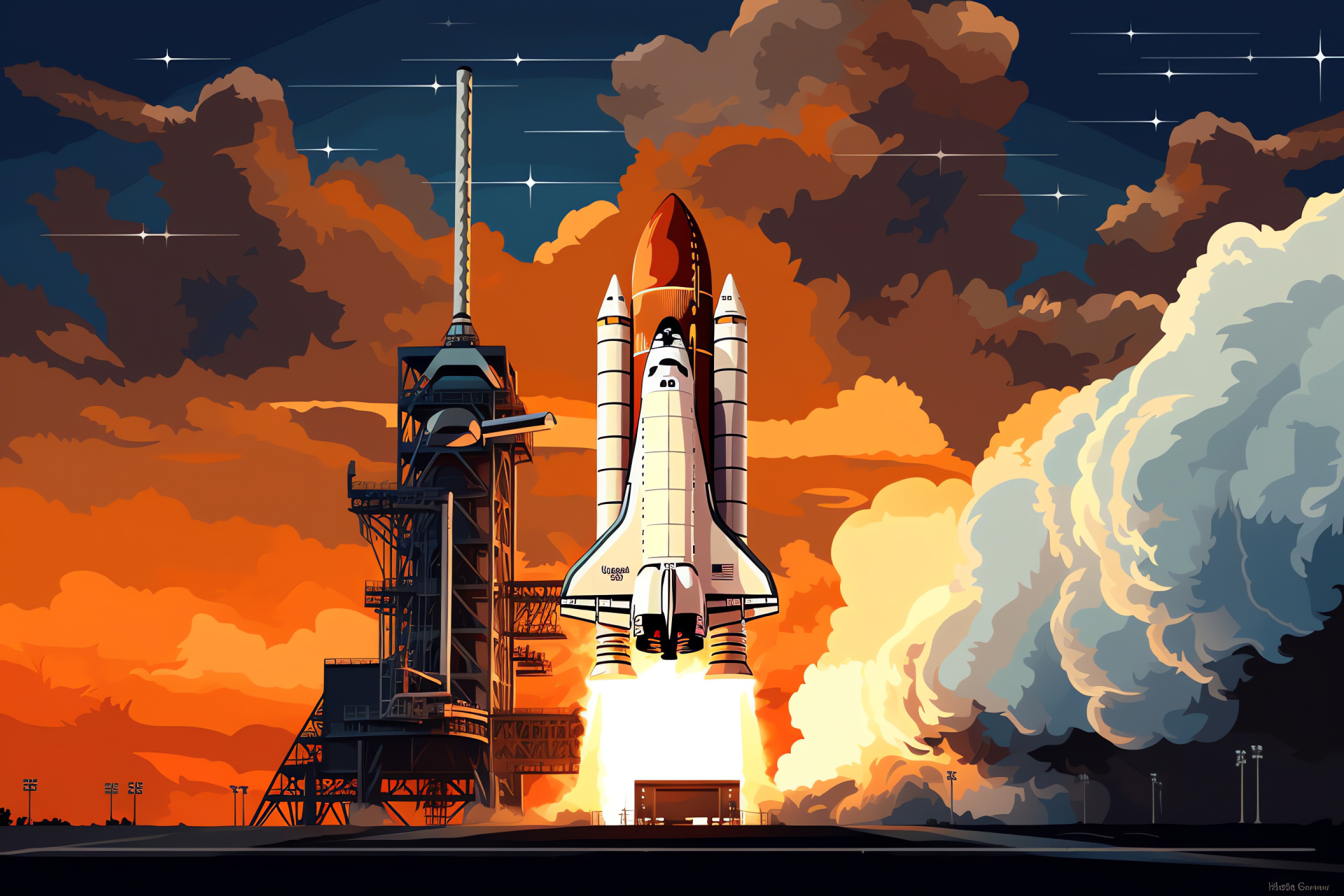 Shuttle artwork, Space vehicle, Historical launches, NASA emblem, Aerospace achievement, HD Desktop Wallpaper