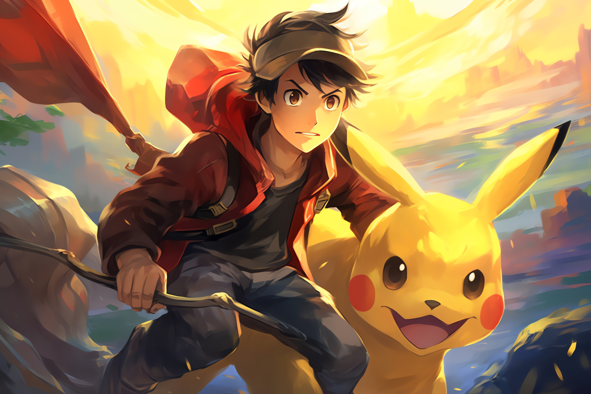 Ash and Pikachu, Trainer-and-companion duo, Dynamic pose, Electrified moment, Special move depiction, HD Desktop Image