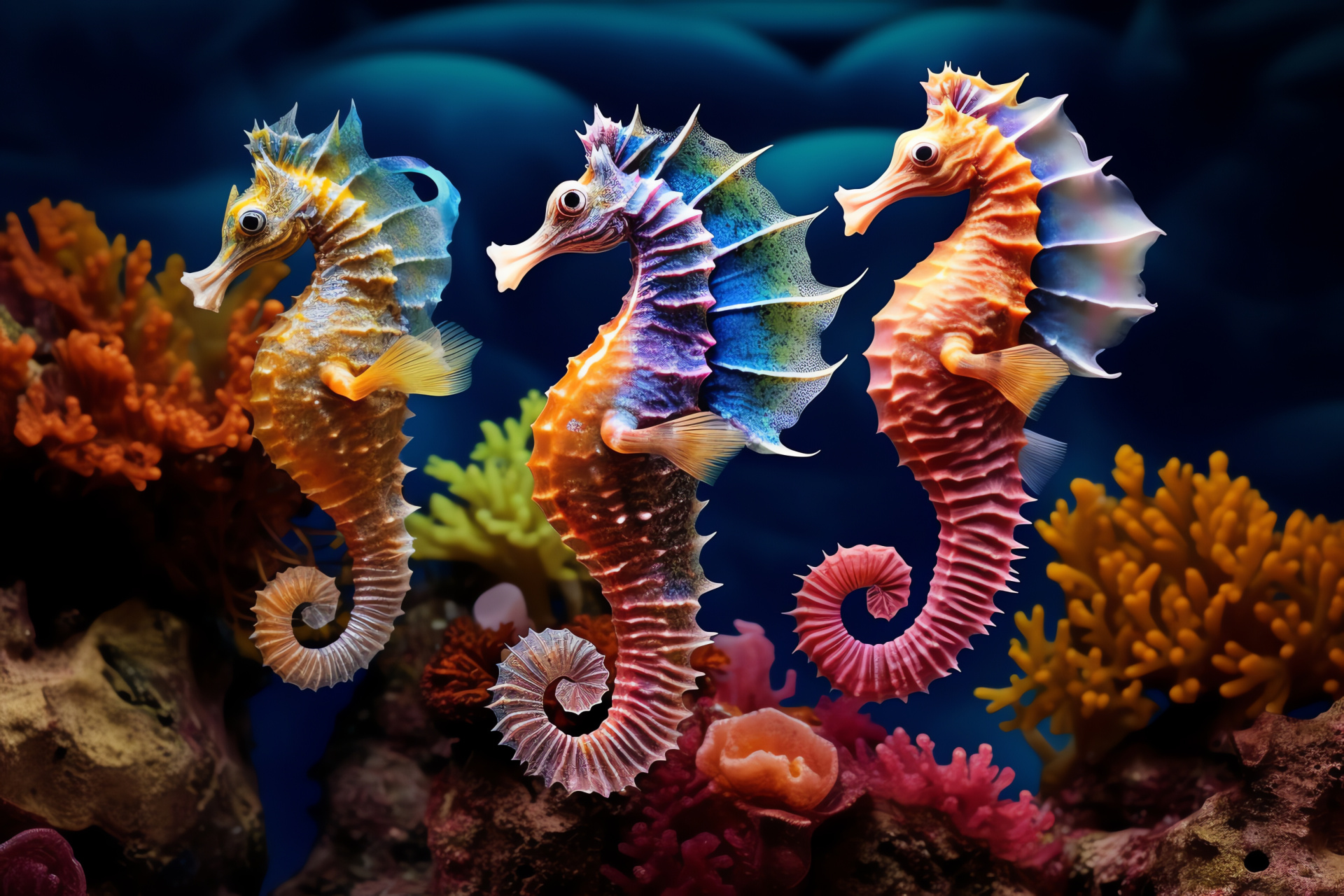 Aquatic dance, seahorse duo, coral garden residence, pastel marine canvas, oceanic elegance, HD Desktop Wallpaper