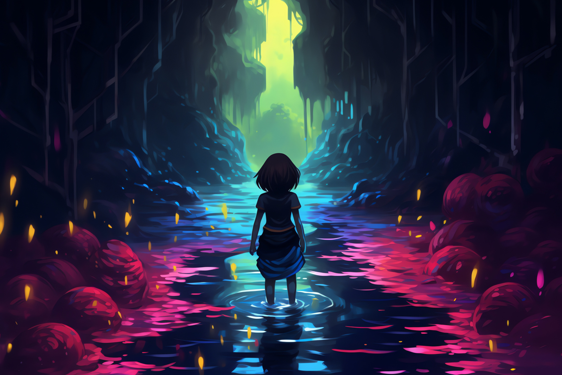 Undertale Adventure, Waterfall locale, Undyne the warrior, Protagonist Frisk, Gaming fantasy, HD Desktop Image