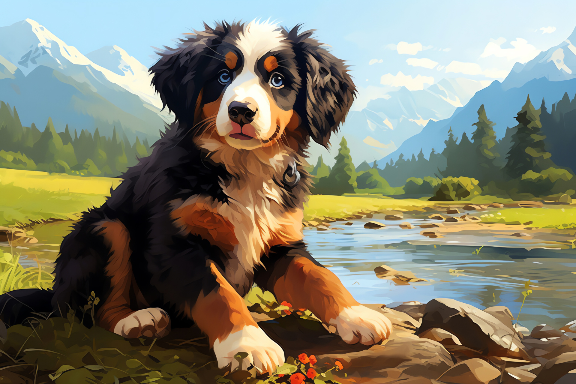 Bernese Mountain Dog puppy, tricolor, soft fur, gentle stream, mountain breed, HD Desktop Wallpaper