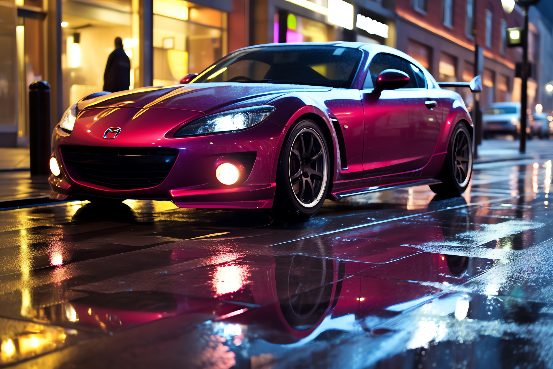 Mazda RX8, Rain-drenched urban route, Illuminating city glow, Polished vehicle exterior, Thrilling driving ambiance, HD Desktop Wallpaper