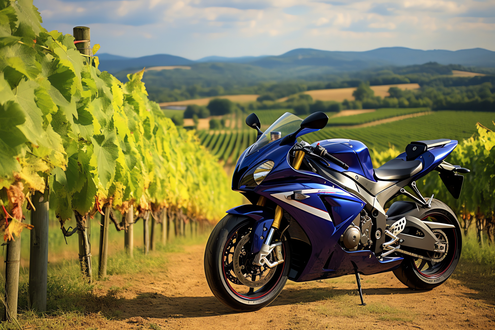 Suzuki GSXR 750, Tuscany landscape, Rolling hills backdrop, Italian touring, Wine country roads, HD Desktop Image