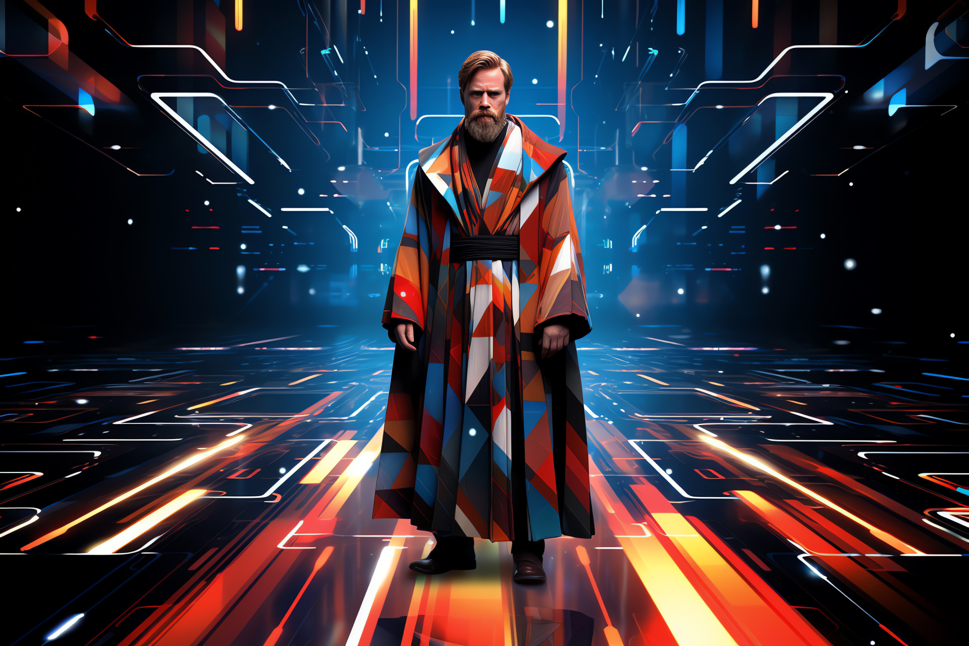 Obi Wan Kenobi, laser sword, angular artistry, monochromatic palette, contrasting pigments, HD Desktop Wallpaper