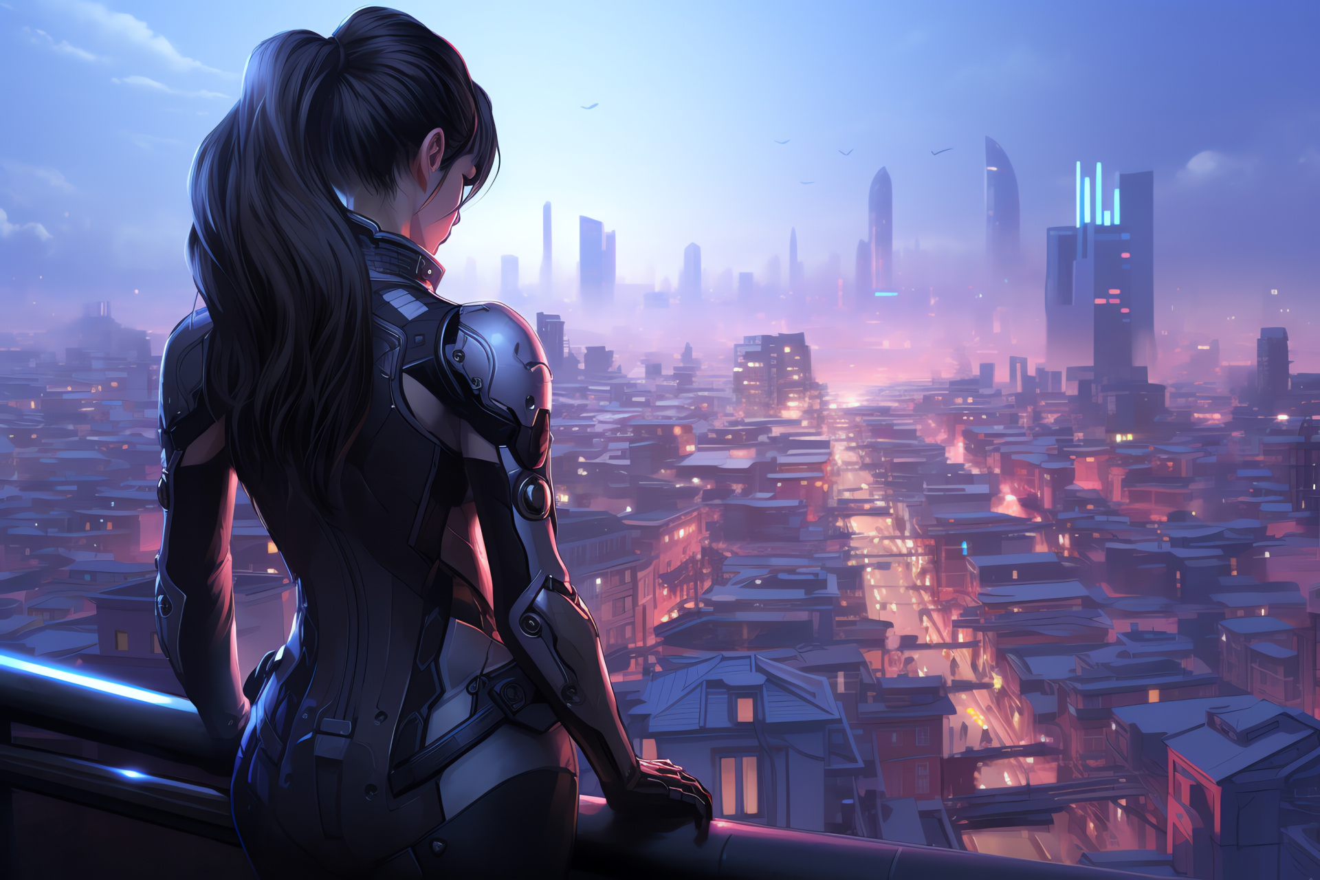 Game character Widowmaker, South Korean rooftops, Sniping perch, Advance civilization, Overwatch marksman, HD Desktop Image