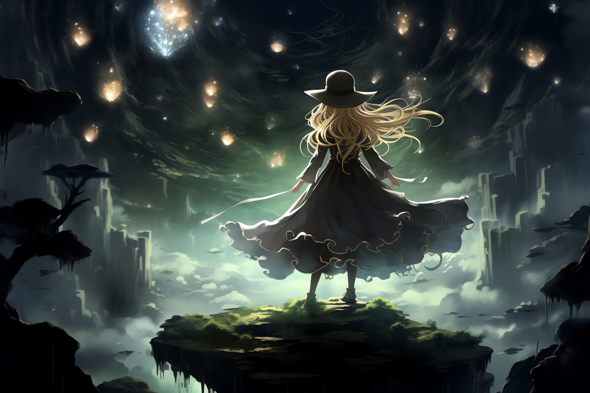 Marisa Kirisame sorceress, Ordinary magician label, Wild magical incantations, Gensokyo spell casting, Black-white magician, HD Desktop Image