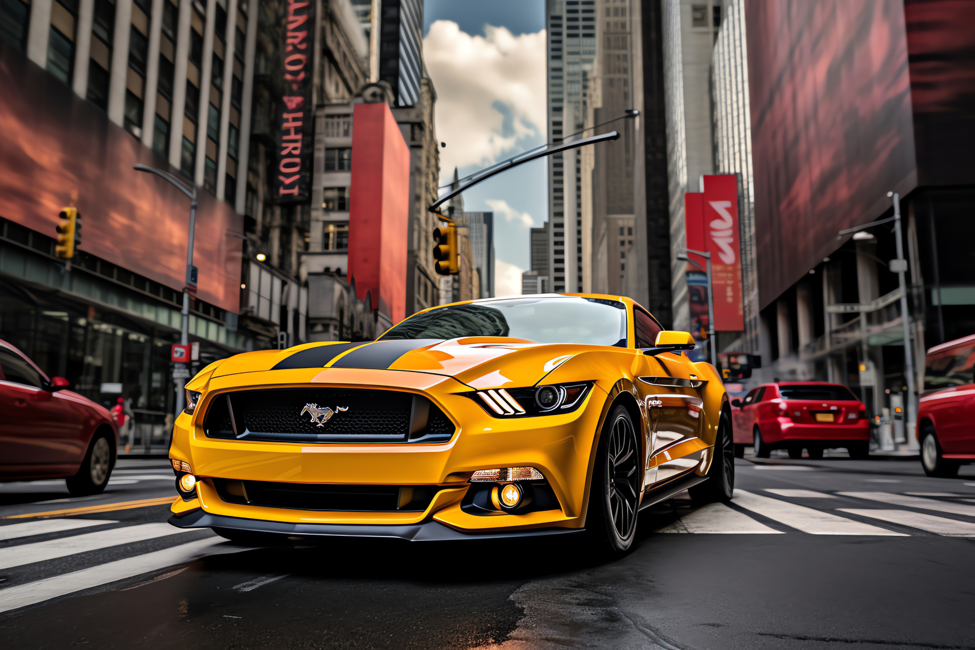 Mustang HD, Urban New York, Taxi cabs, High-rise buildings, Metropolis lifestyle, HD Desktop Wallpaper