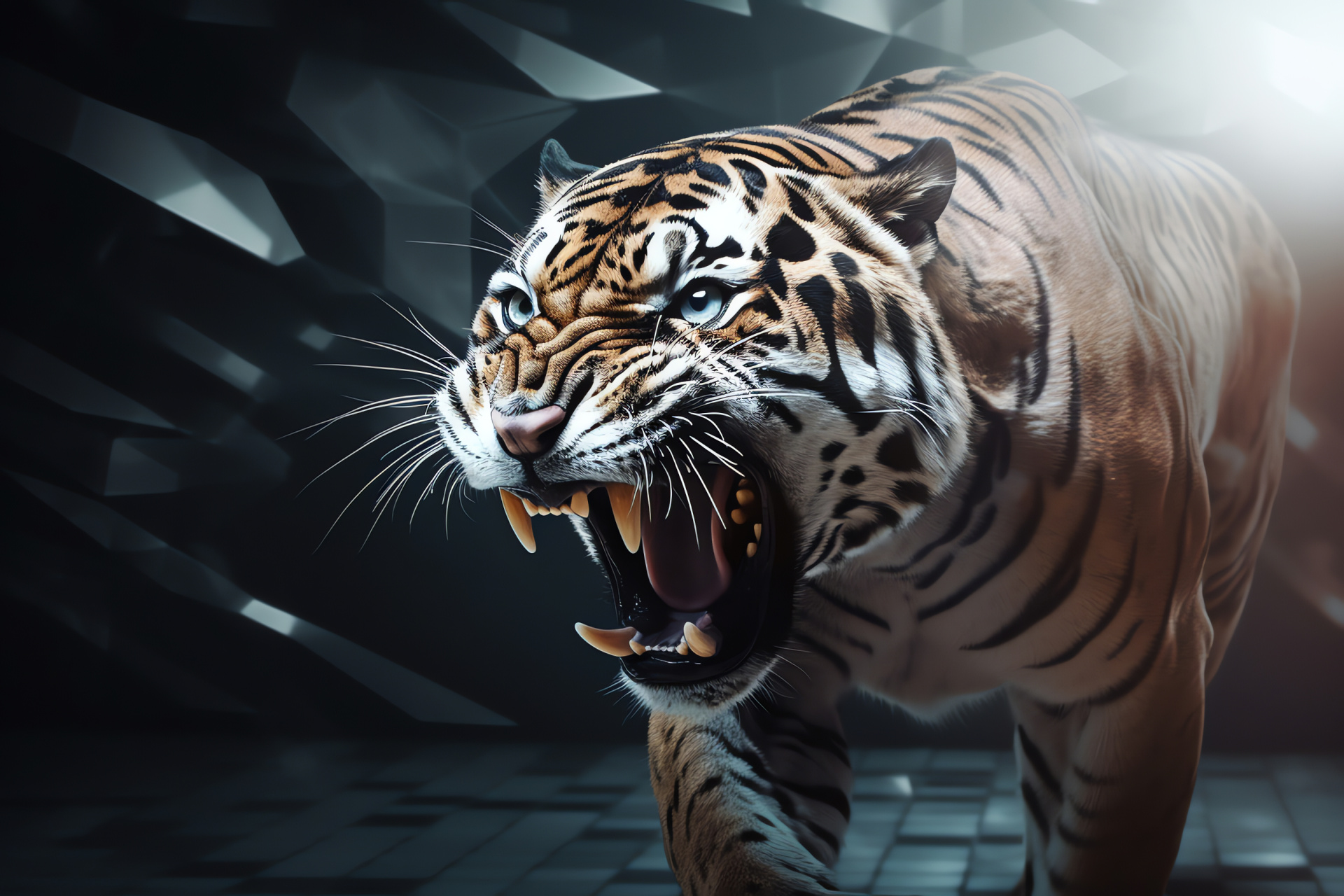 Saber Tooth Tiger, flowing fur, gray and black, abstract patterns backdrop, HD Desktop Wallpaper