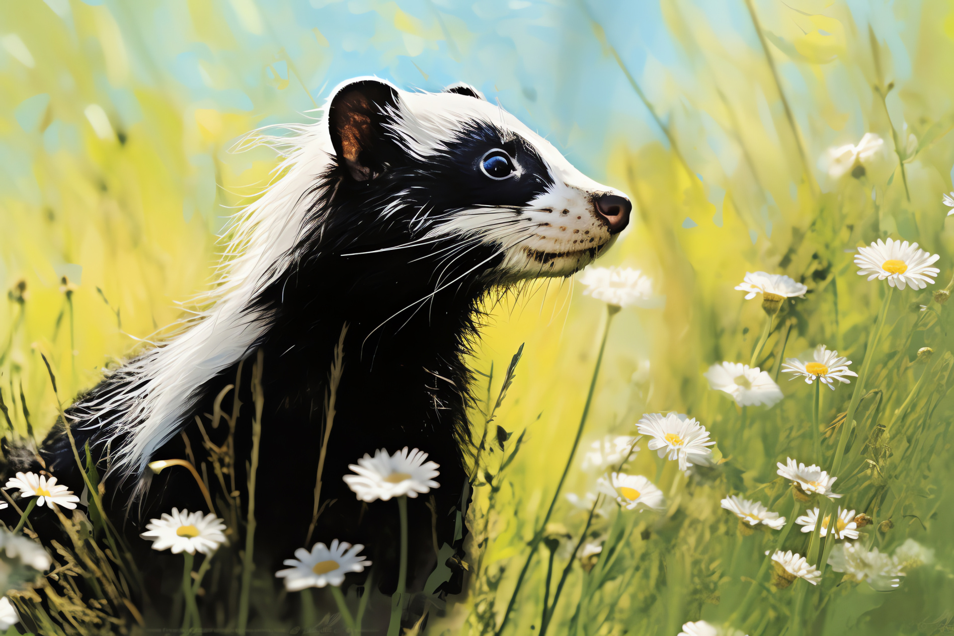 Piebald skunk outdoors, Inquisitive black-white skunk, Wild skunk meadow habitat, Skunk with blue eyes, Curious skunk nature scene, HD Desktop Image