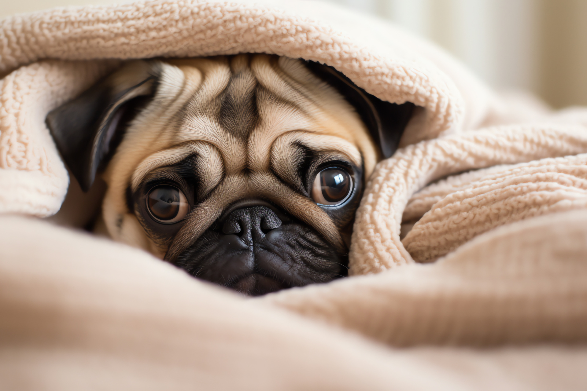 Pug breed, mischievous canine expression, snug pet garment, caramel canine pelt, black pet fur spots, HD Desktop Image