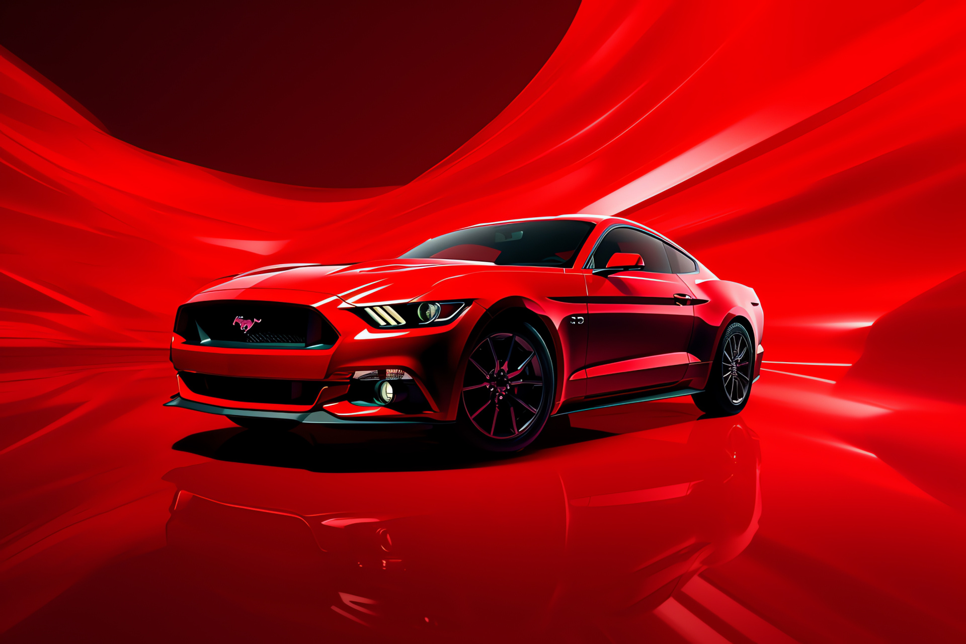 Ford Mustang, Intense scarlet setting, Vivid hues, Energetic theme, Red symbolizing passion, HD Desktop Wallpaper