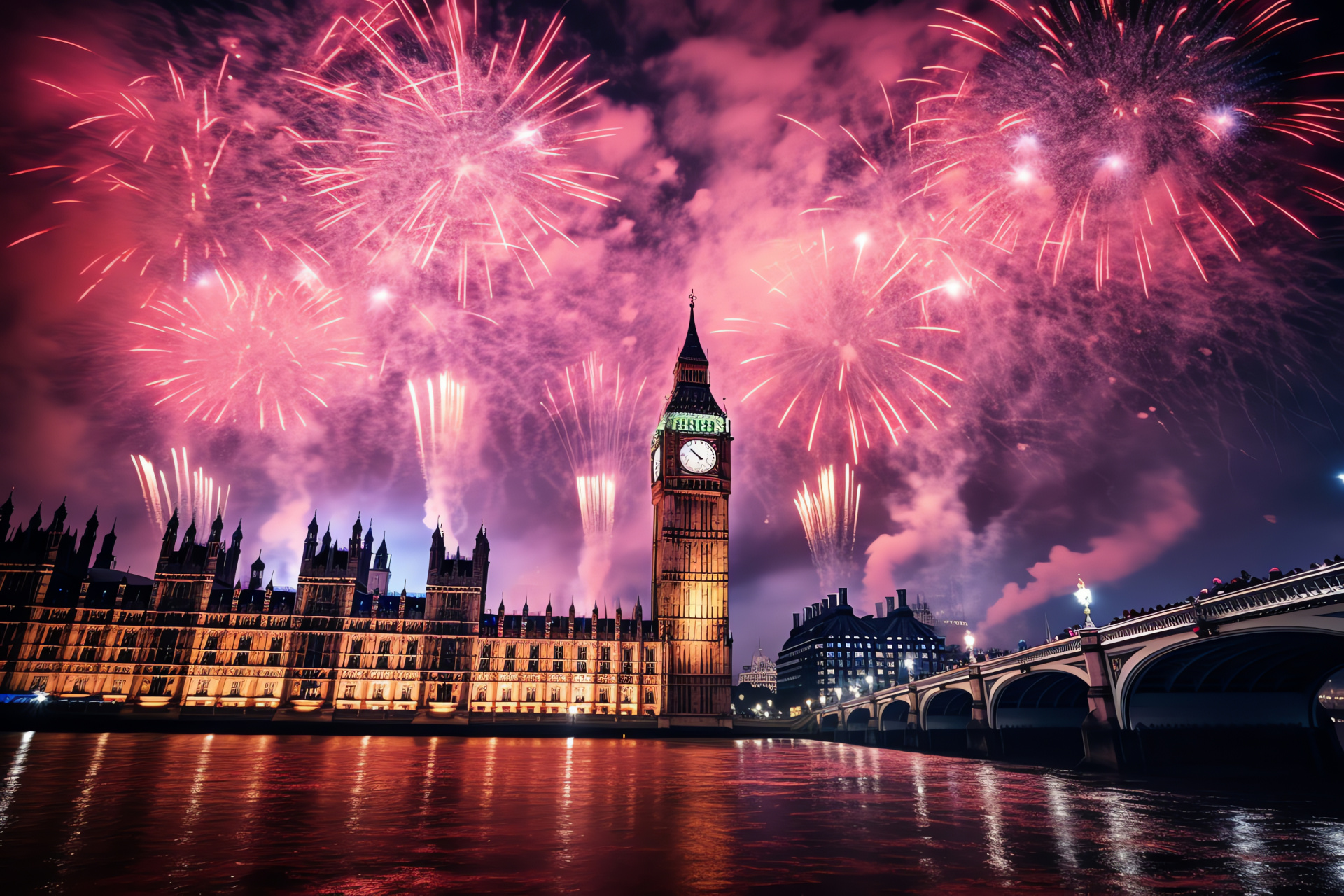 London's year-end jubilation, Thames-side fireworks, Big Ben countdown, Festively adorned boats, Capital city festivity, HD Desktop Image