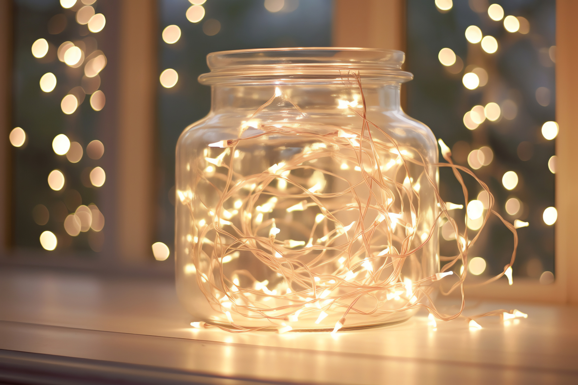 Quaint glass container, entwined white illumination, intricate tangled design, fanciful windowsill exhibit, festive mood, HD Desktop Image