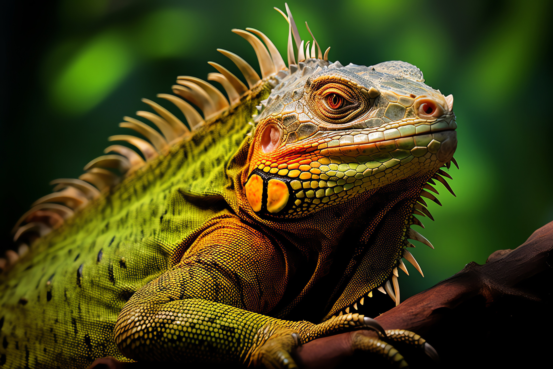 Green iguana, tropical reptile, sun-drenched scales, exotic appearance, jade sheen, HD Desktop Wallpaper