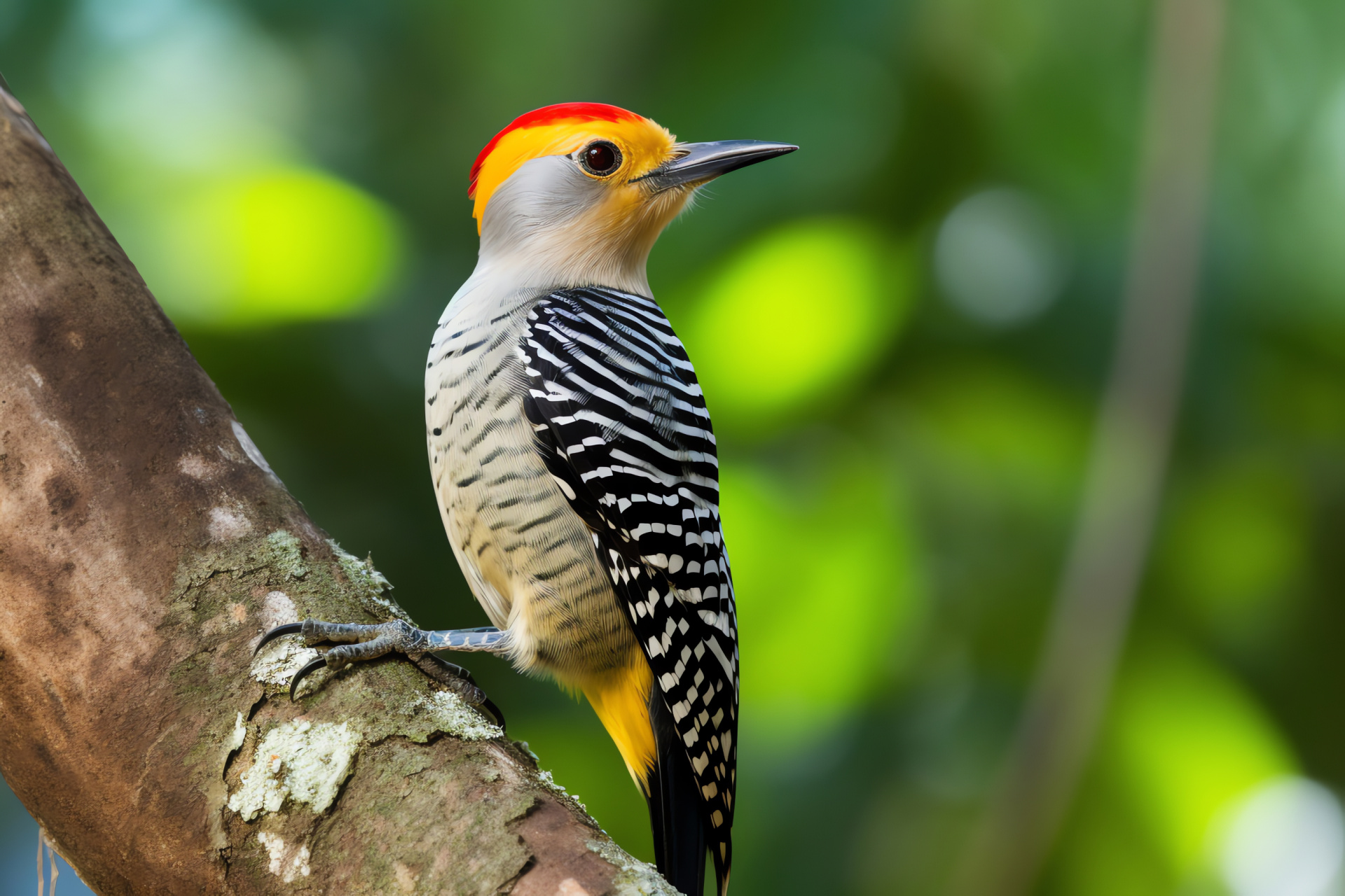 Golden-fronted bird, Golden hues, White-black contrast, Woodland perch, Peaceful habitat, HD Desktop Image