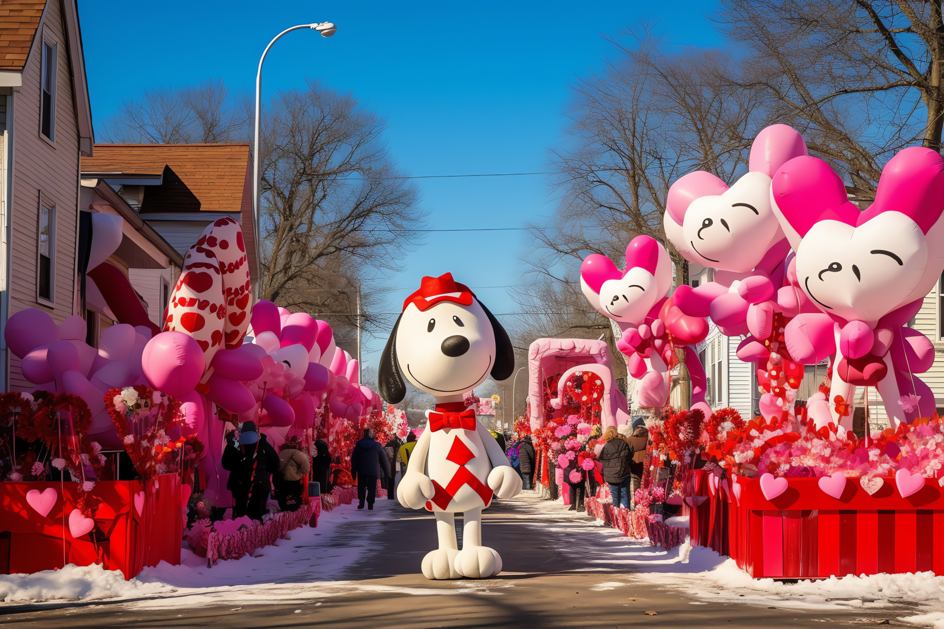 Peanuts character Snoopy, Winter village scene, Love-themed celebration, Heartfelt parade, Festive decorations, HD Desktop Image