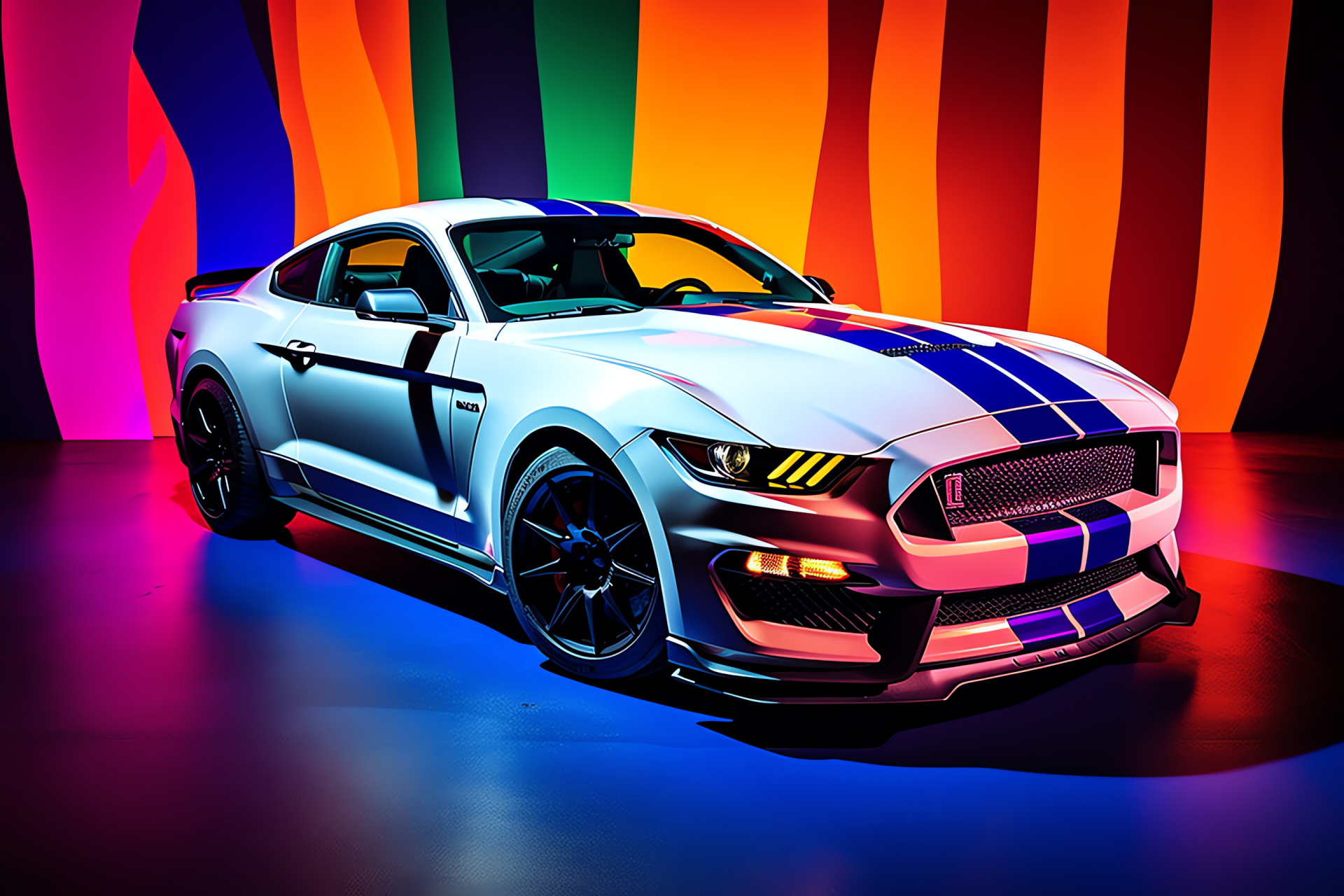 Ford Mustang GT350, multi-tone paint, bright palette, dominant road position, sports car appeal, HD Desktop Wallpaper