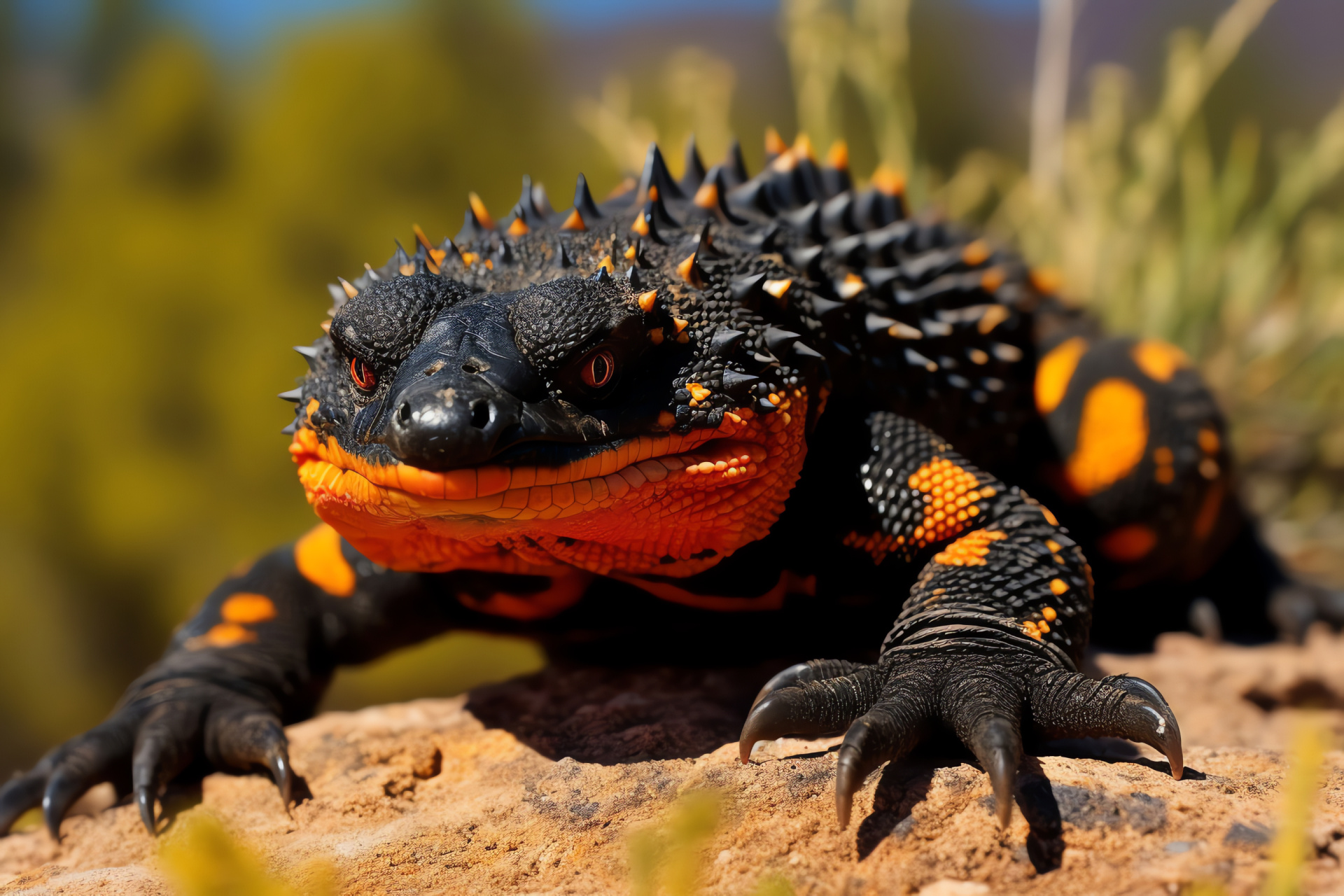 Gila monster, desert reptile, orange-eyed lizard, textured skin pattern, Southwestern habitat, HD Desktop Image