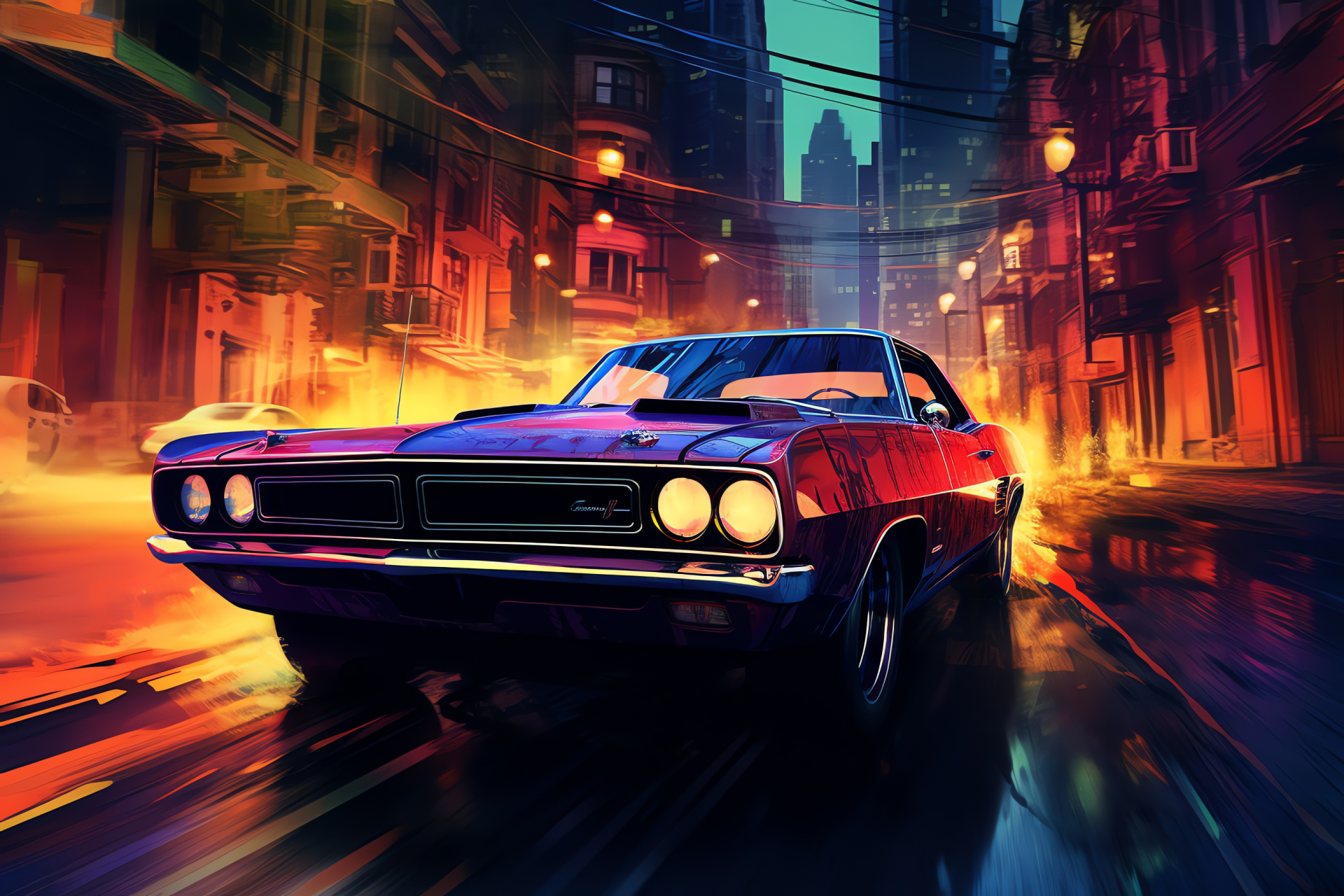 Muscle car scene, Urban illustration, Metropolis lights, Evening city life, Vehicle dynamism, HD Desktop Image