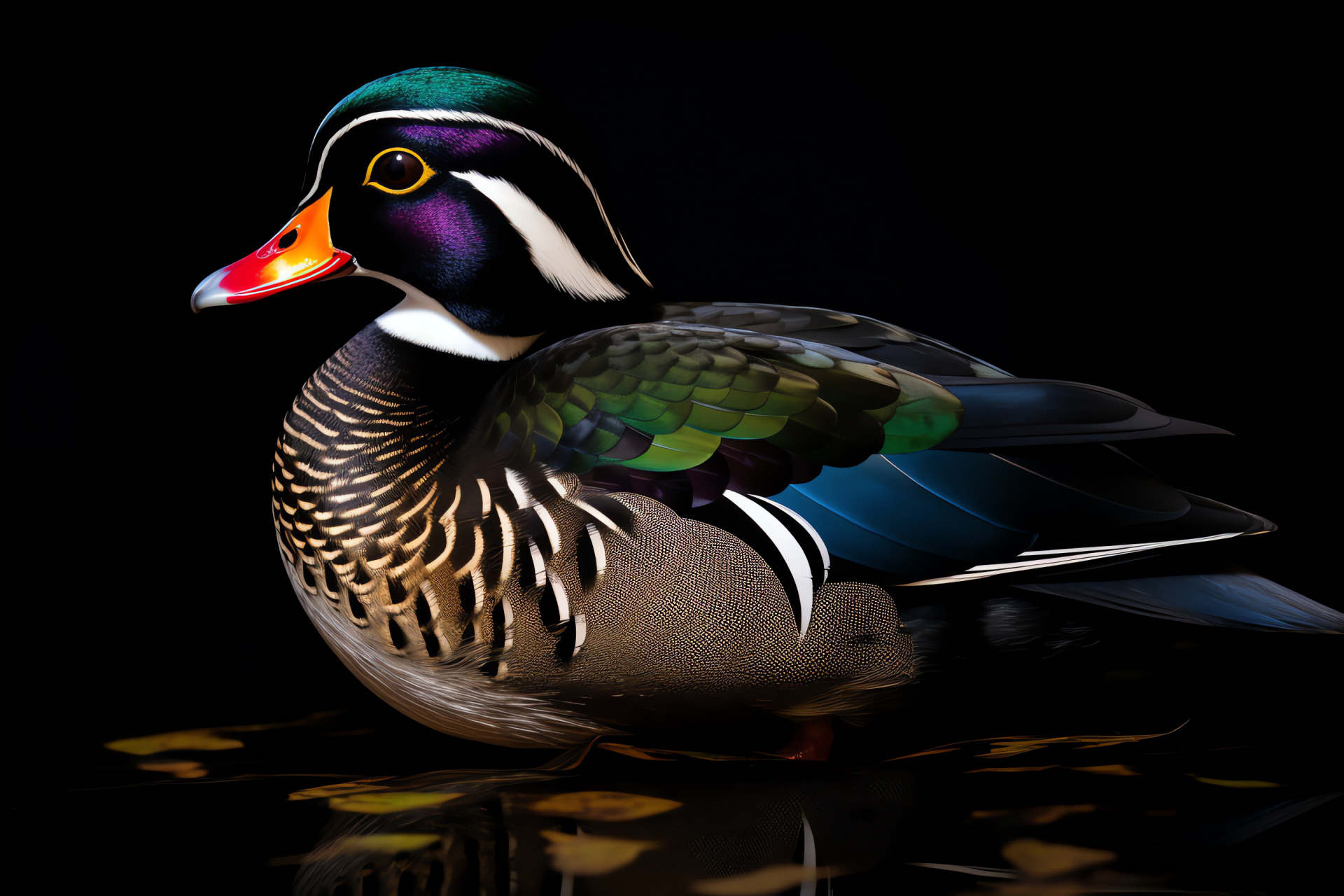 Plumage of Wood Duck, Aix sponsa pose, Waterfowl detail, Fauna contrast, Plumage intricacy, HD Desktop Image