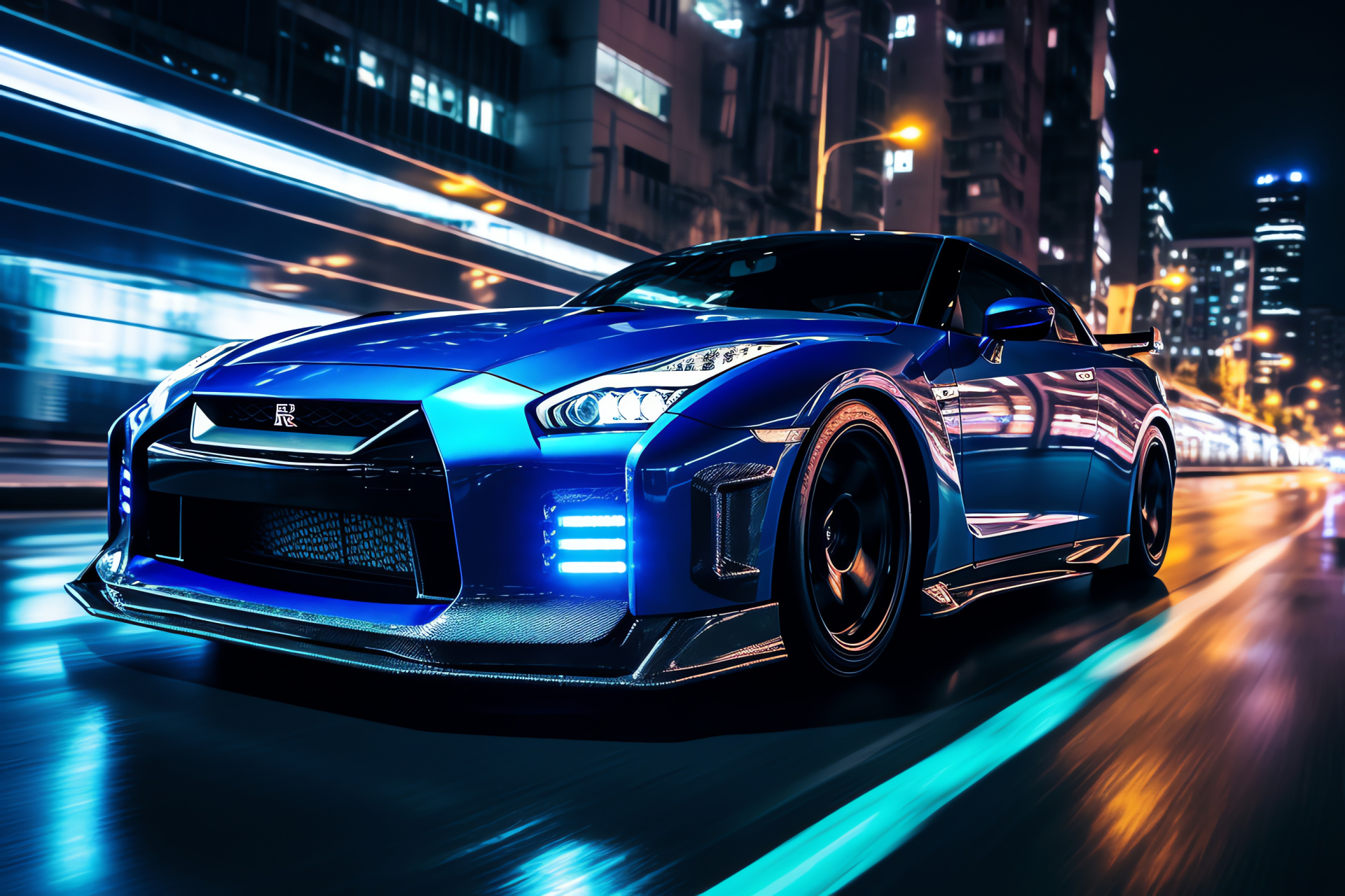 Nissan GT-R, Shinjuku district, Tokyo nightlife, Japanese sports car, Neon illumination, HD Desktop Image