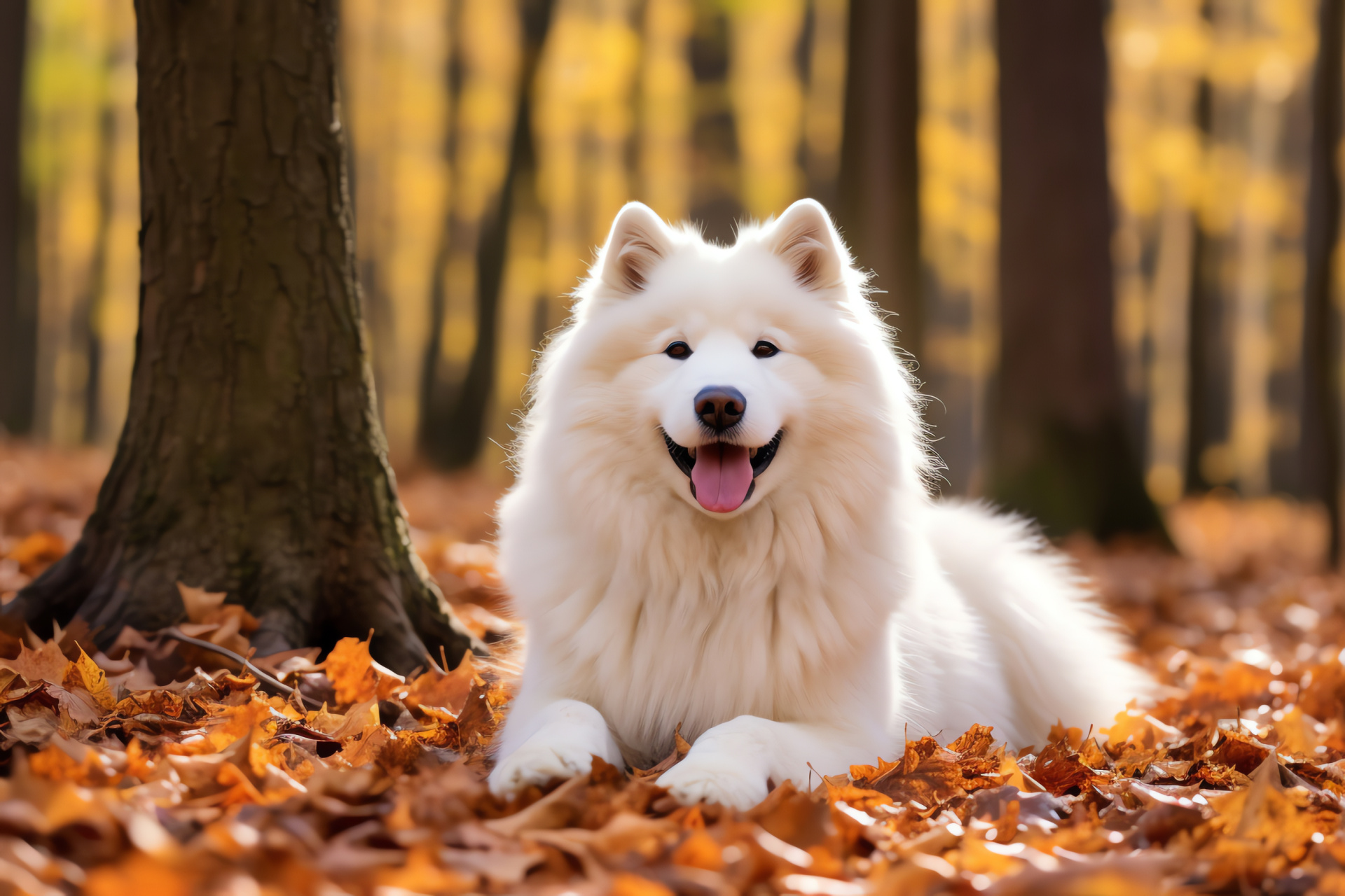 Samoyed breed, umber eyes, pristine fur, thick insulation, autumnal foliage, HD Desktop Image