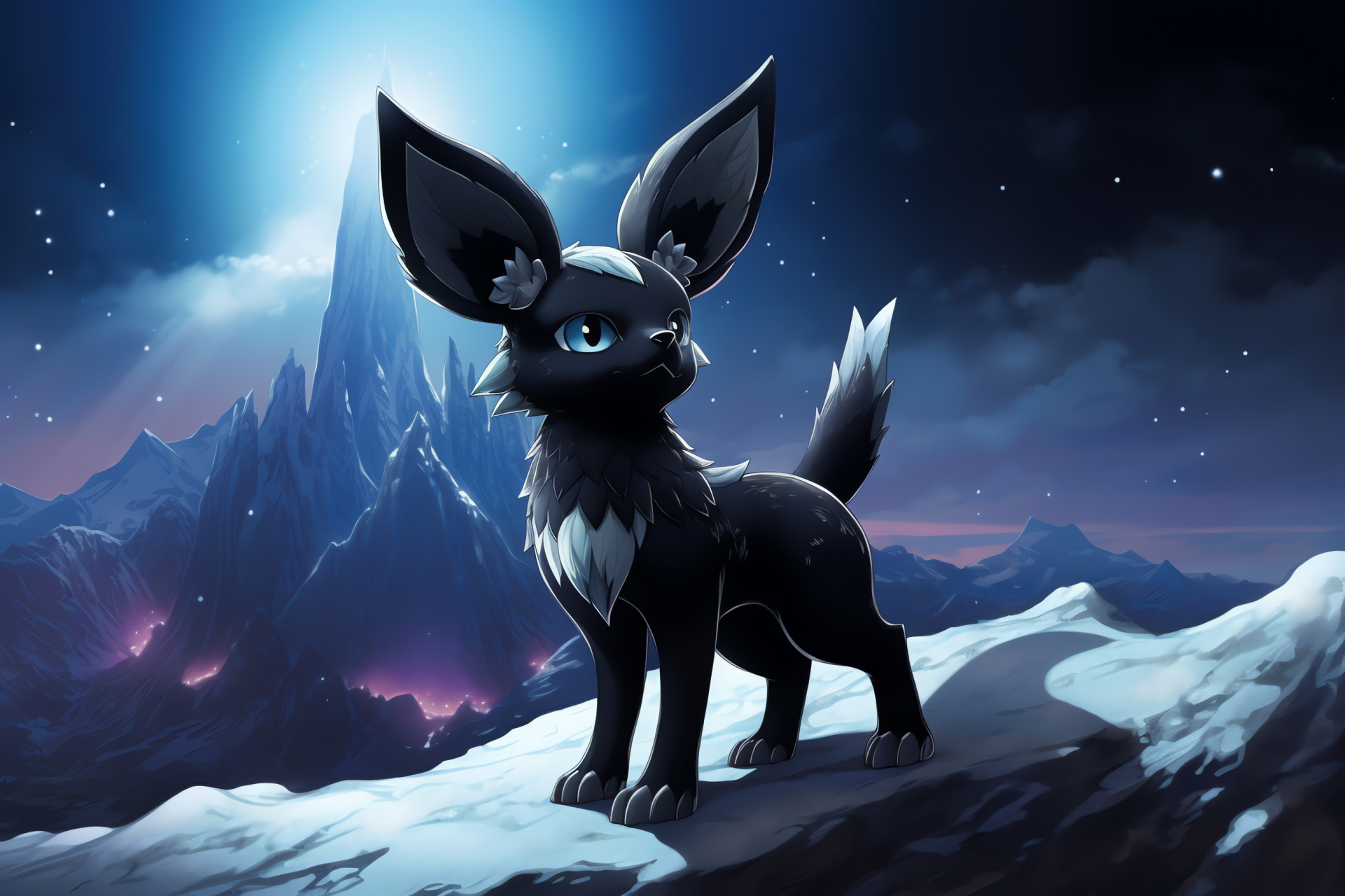 Umbreon mountain summit, Frigid peak setting, Dark coat Pokemon, Glacial tinctured sight, Wild terrain, HD Desktop Wallpaper