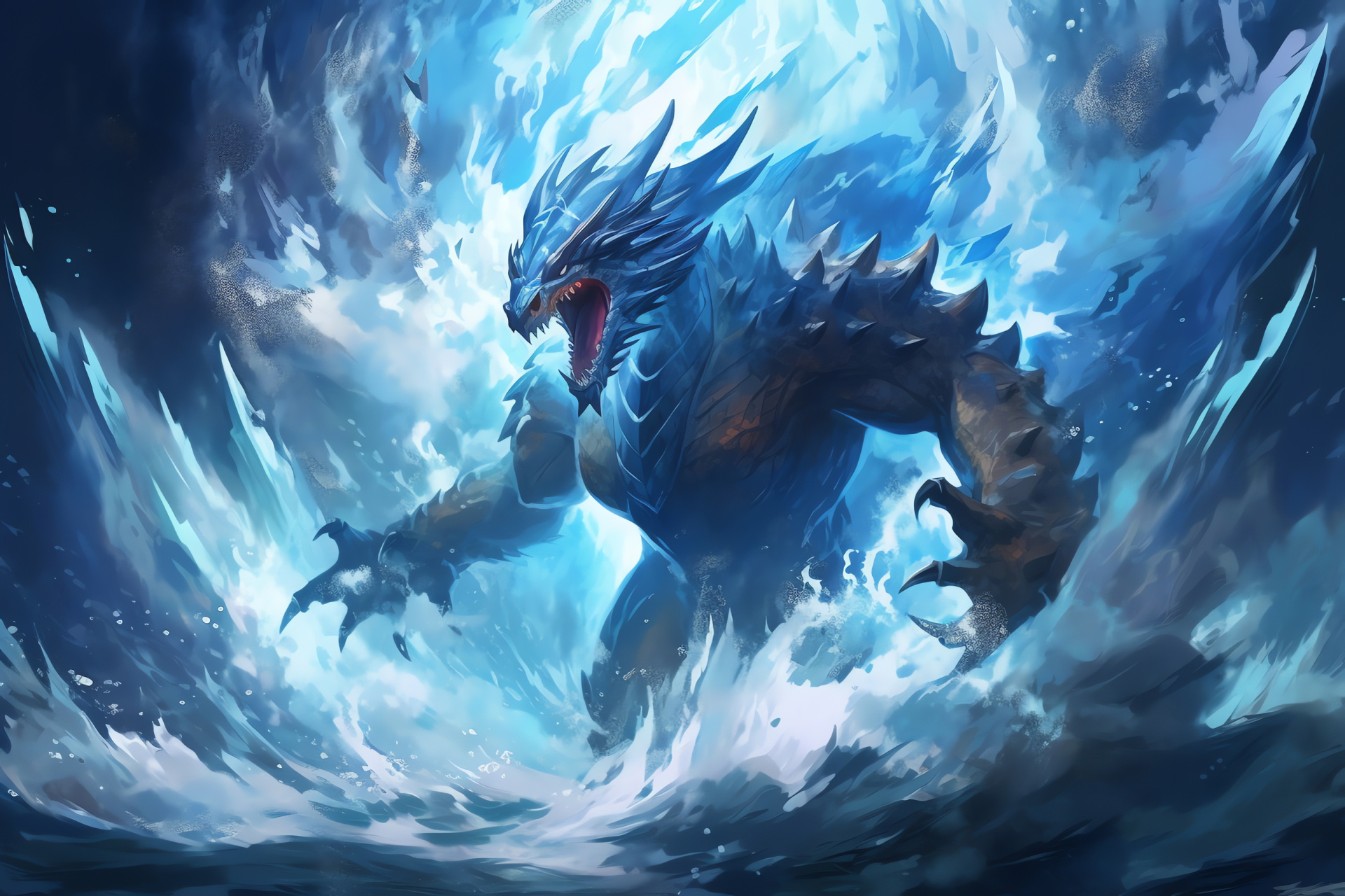 Gyarados rage, Pokmon battle, Aquatic confrontation, Oceanic backdrop, Scales of intimidation, HD Desktop Image