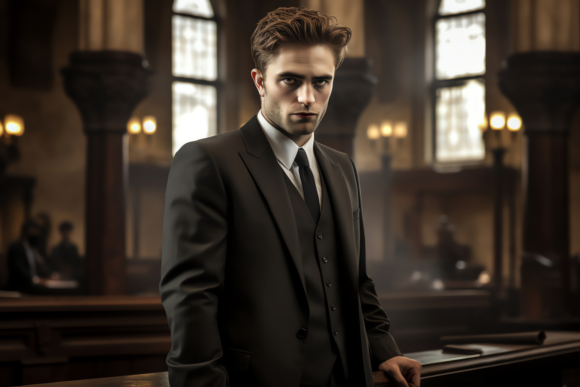 Rob Pattinson, British actor, Court drama, Legal attire, Cinematic setting, HD Desktop Wallpaper