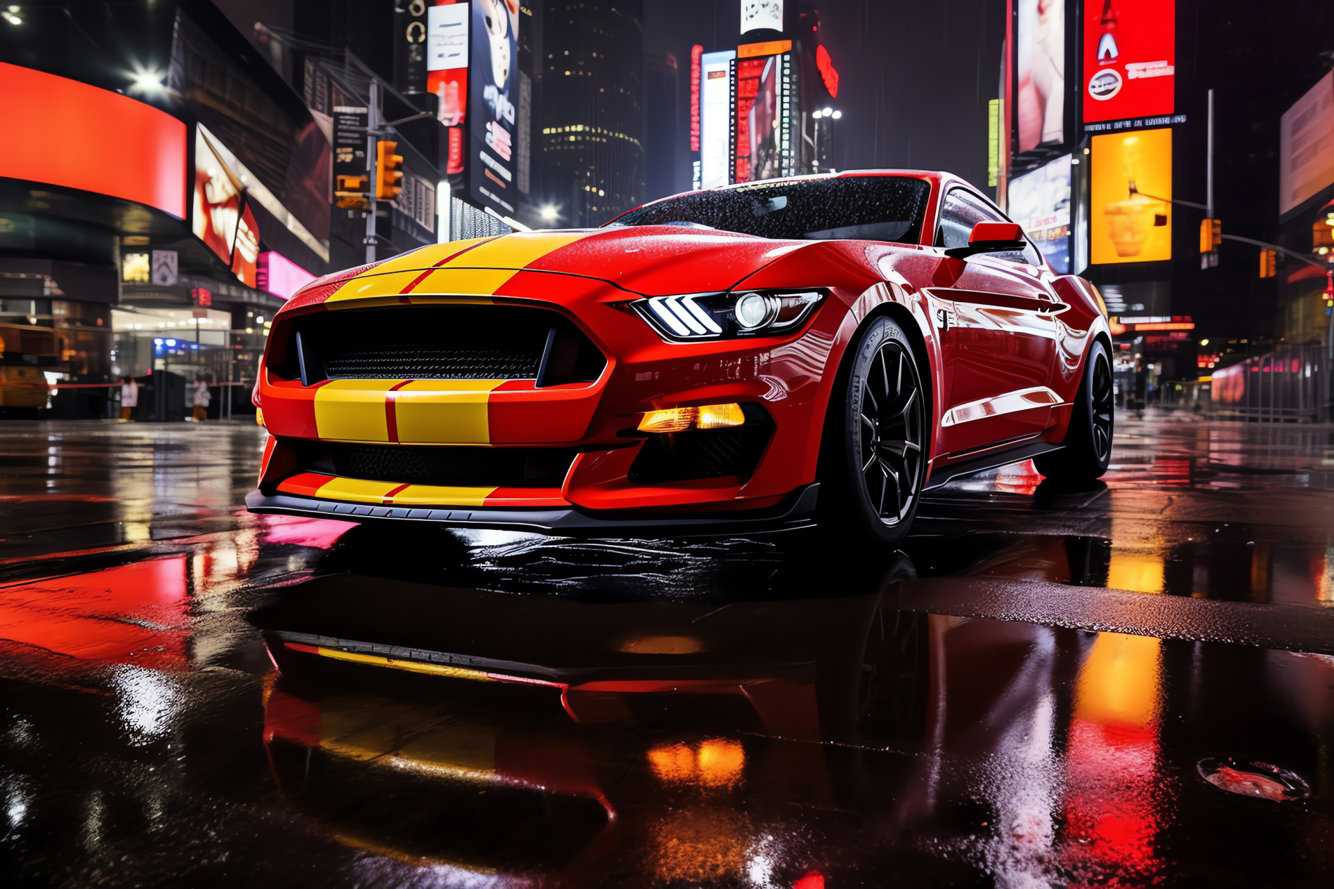 Iconic Ford Mustang, Times Square spotlight, Urban horsepower, Big Apple streets, High-energy urbanism, HD Desktop Wallpaper