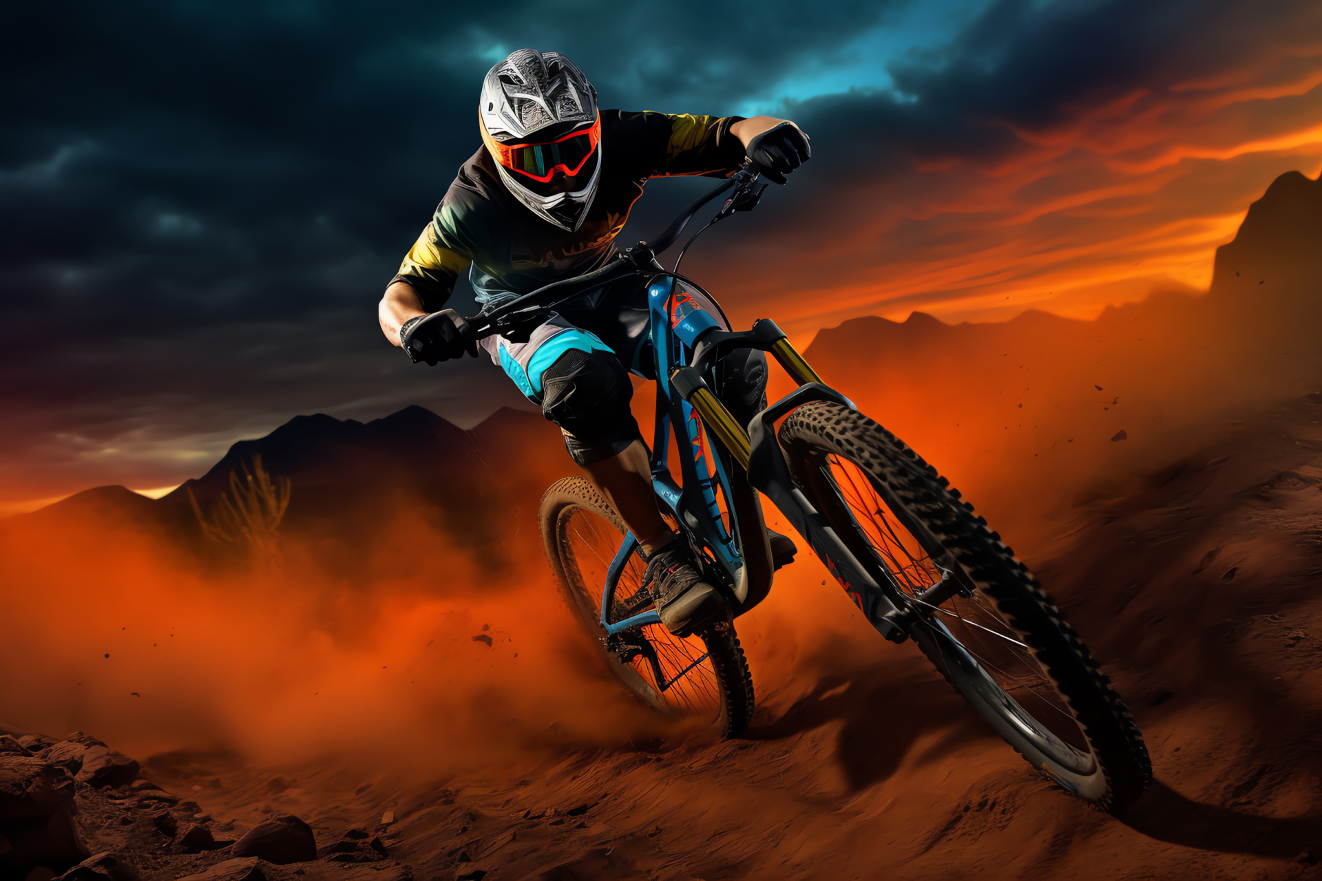 MTB nocturnal luminescence, Mountain biker against twilight, Outdoors nighttime trail, Lustrous landscape beauty, Wide angle biking, HD Desktop Image