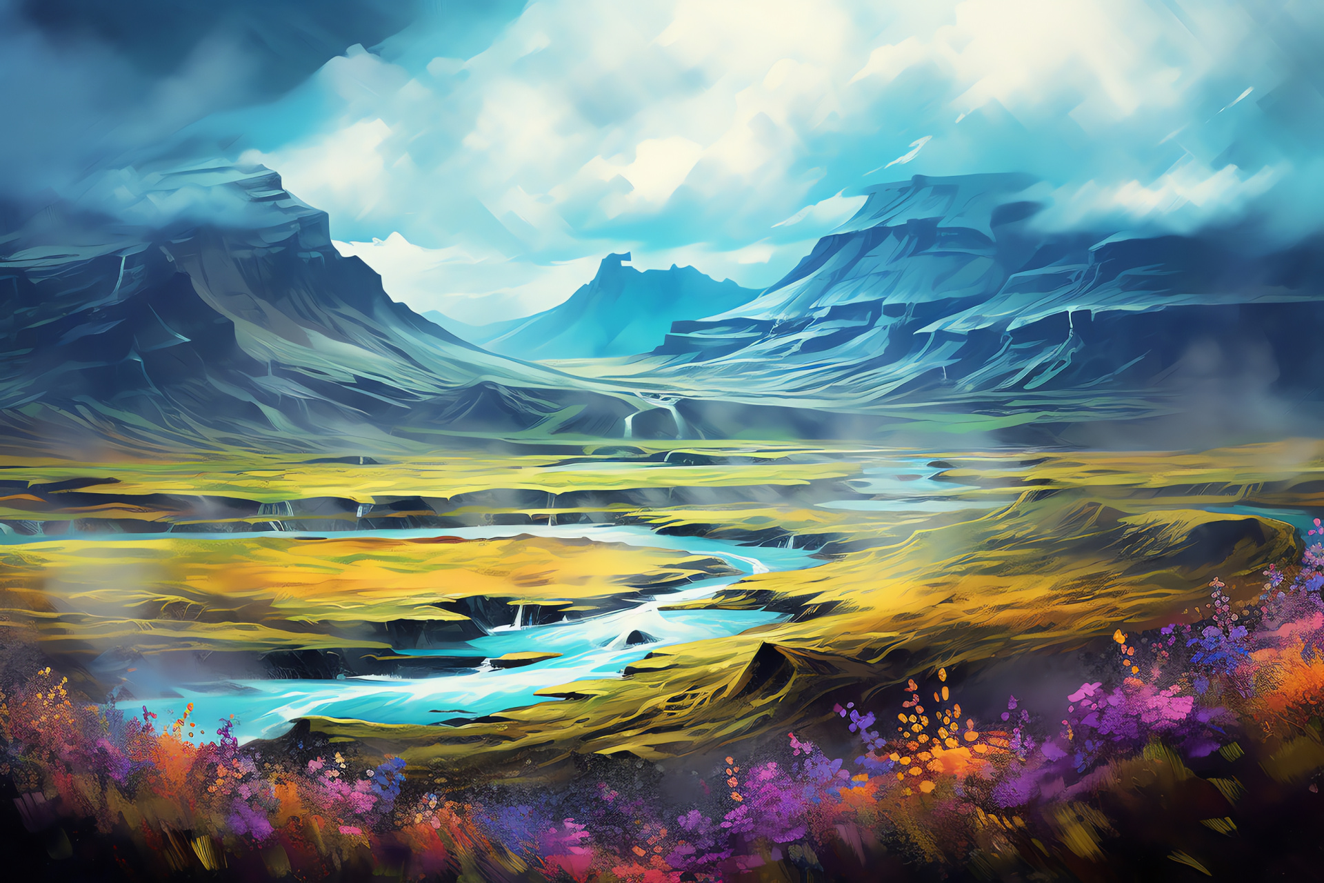 Icelandic Highlands, Black sand contrasts, Lupine flora, Islandic rainstorms, Geothermal landscapes, HD Desktop Wallpaper
