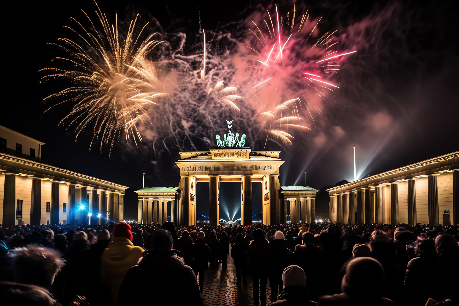 Berlin New Year, Brandenburg illumination, colorful pyrotechnics, German jubilation, fireworks display, HD Desktop Image