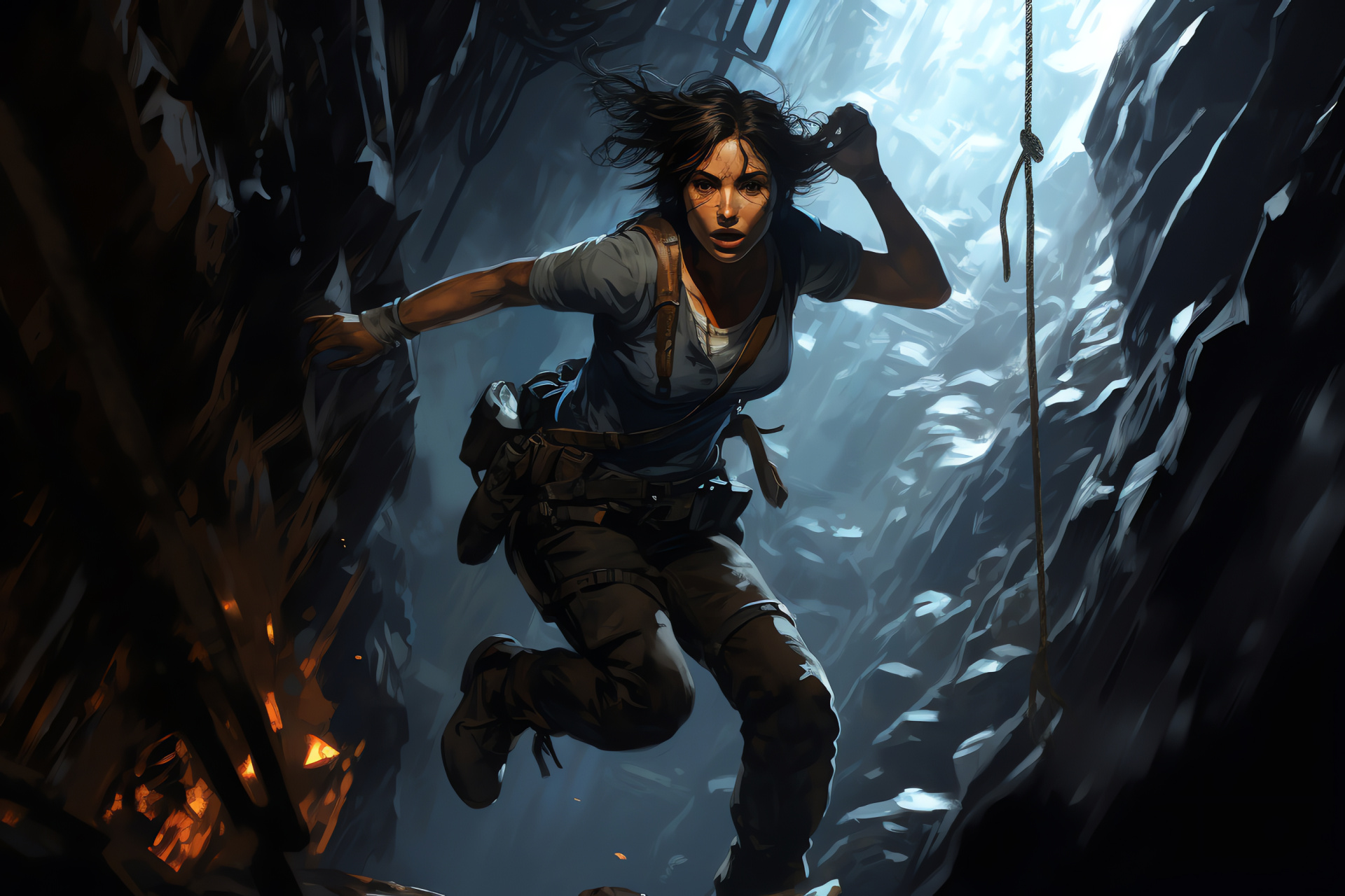 Elena Fisher, Driven reporter, Precarious ledge, Bottomless abyss, Enclosed cavern spaces, HD Desktop Image